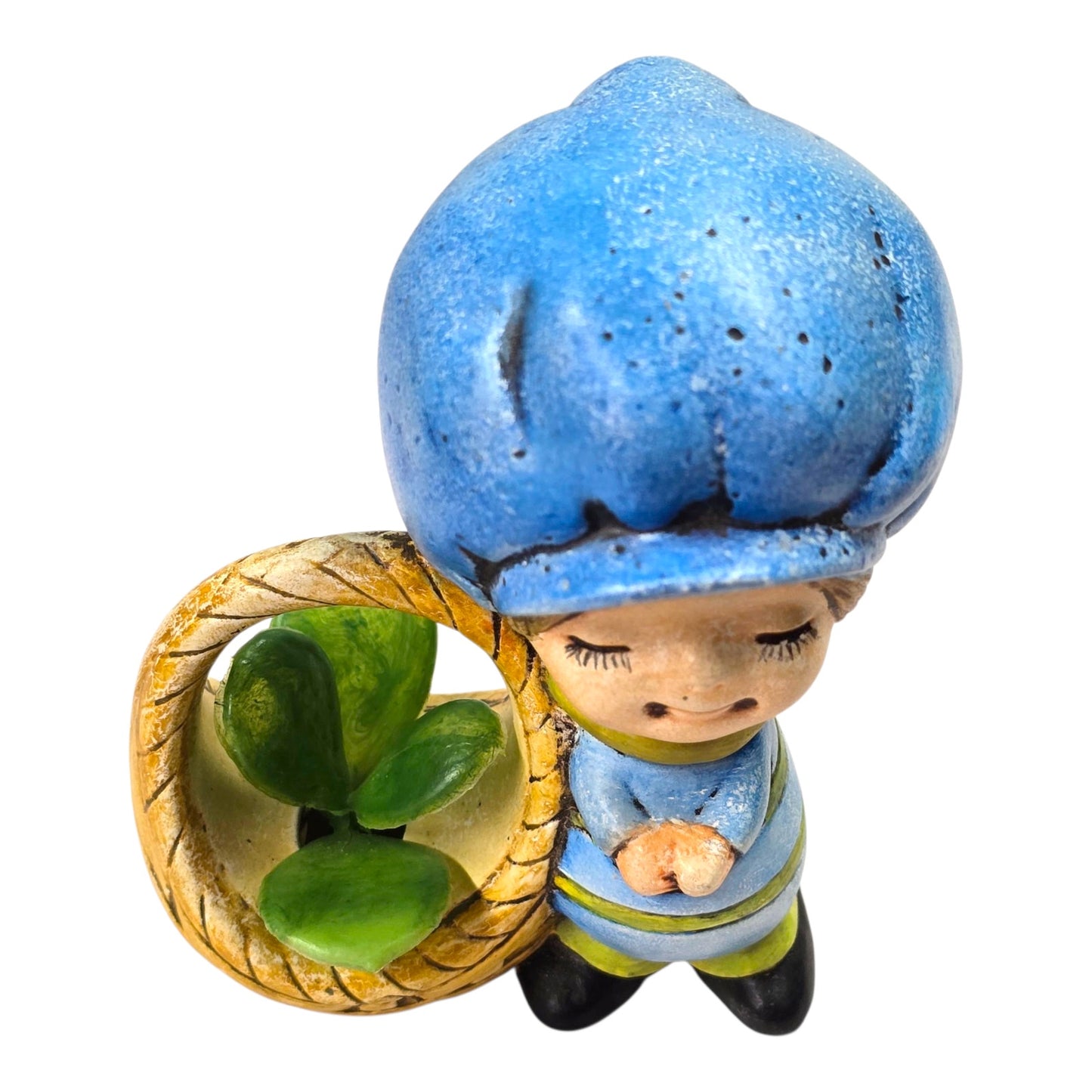 Vtg Big Bonnet Girl Figurine Basket Planter Blue Hat Air Plant Holder 3"