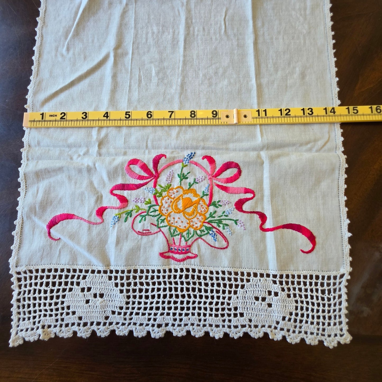 Vintage Floral Basket Embroidered Dresser Scarf Linen Runner Double Sided 32"