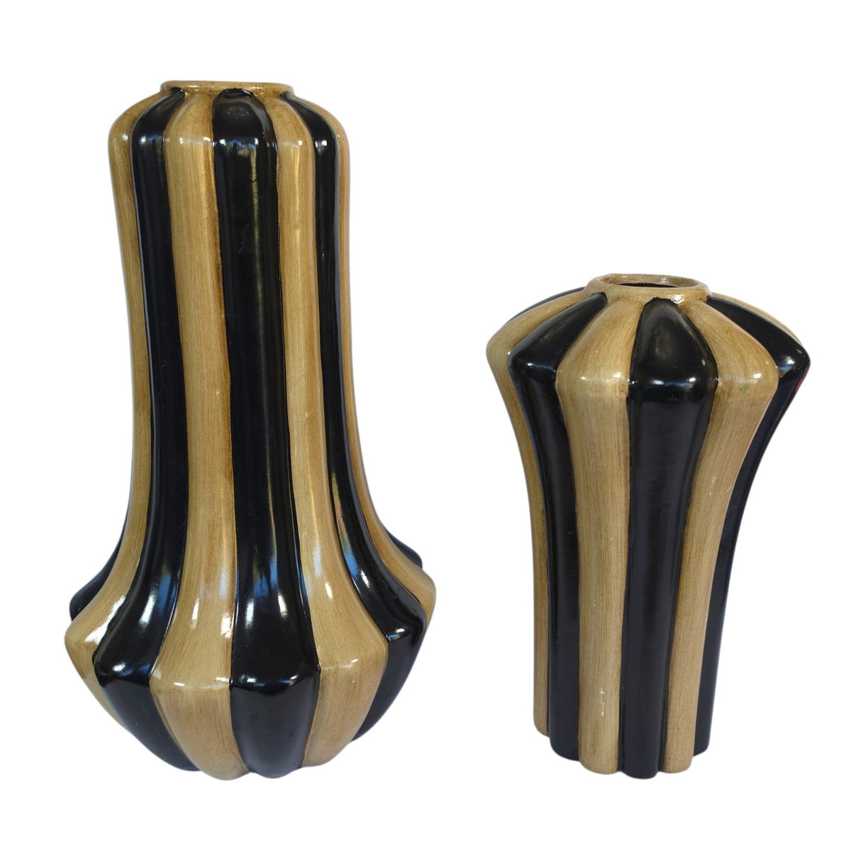 Art Deco Hollywood Regency Black Tan Fluted Ceramic Vases Set of 2 Hobby Lobby