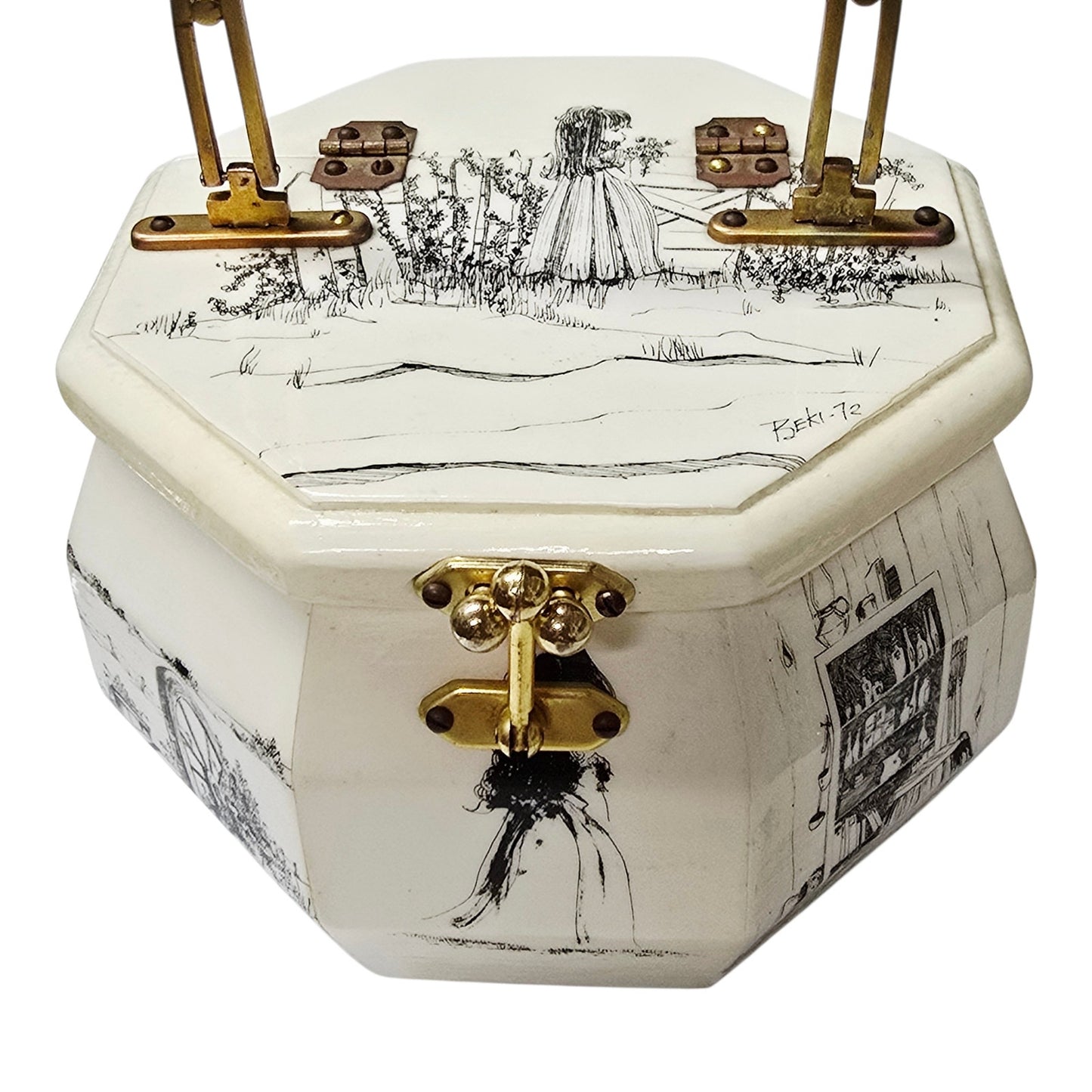 Vintage 1972 Beki Signed Wooden Box Purse Decoupage Hand Painted Octagon Rare