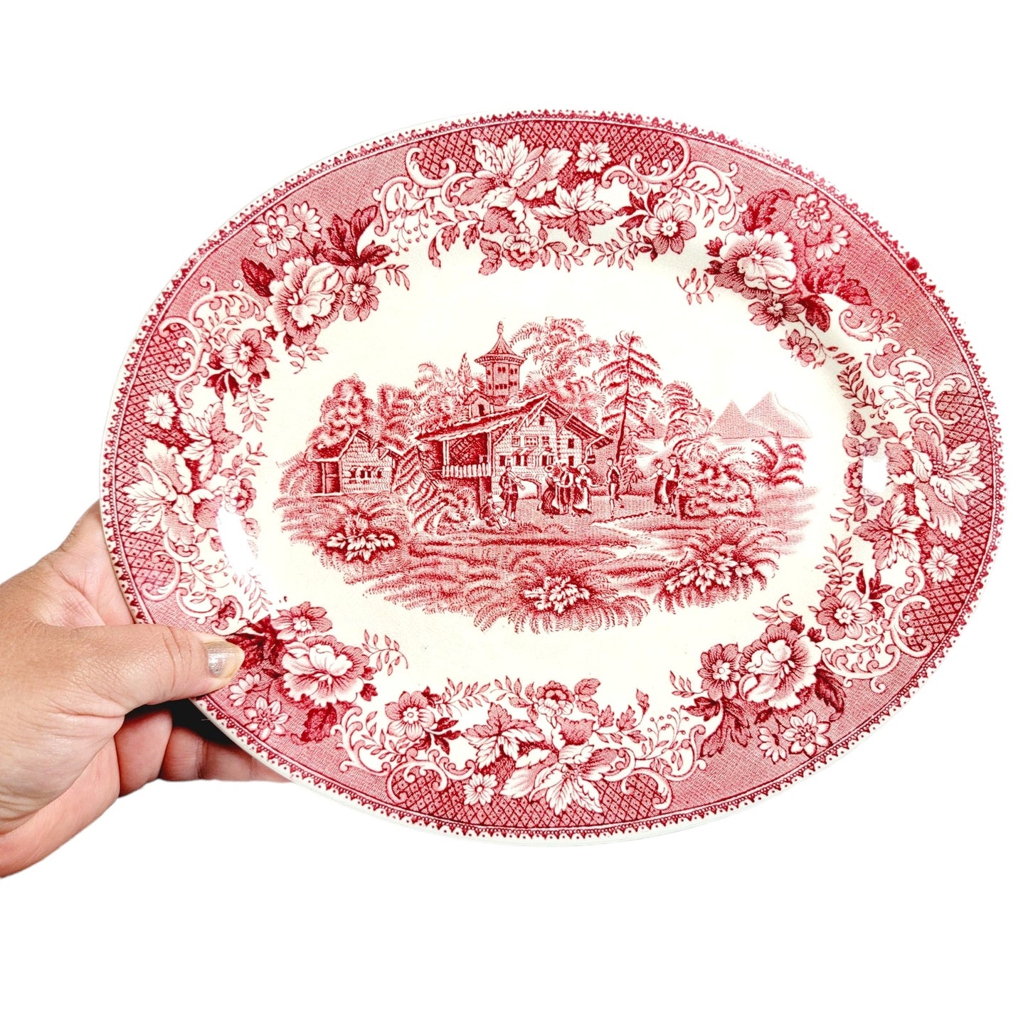 Thomas Hughs & Sons "Avon Cottage" Pink, 12" Oval Platter, Staffordshire, England, Crazing