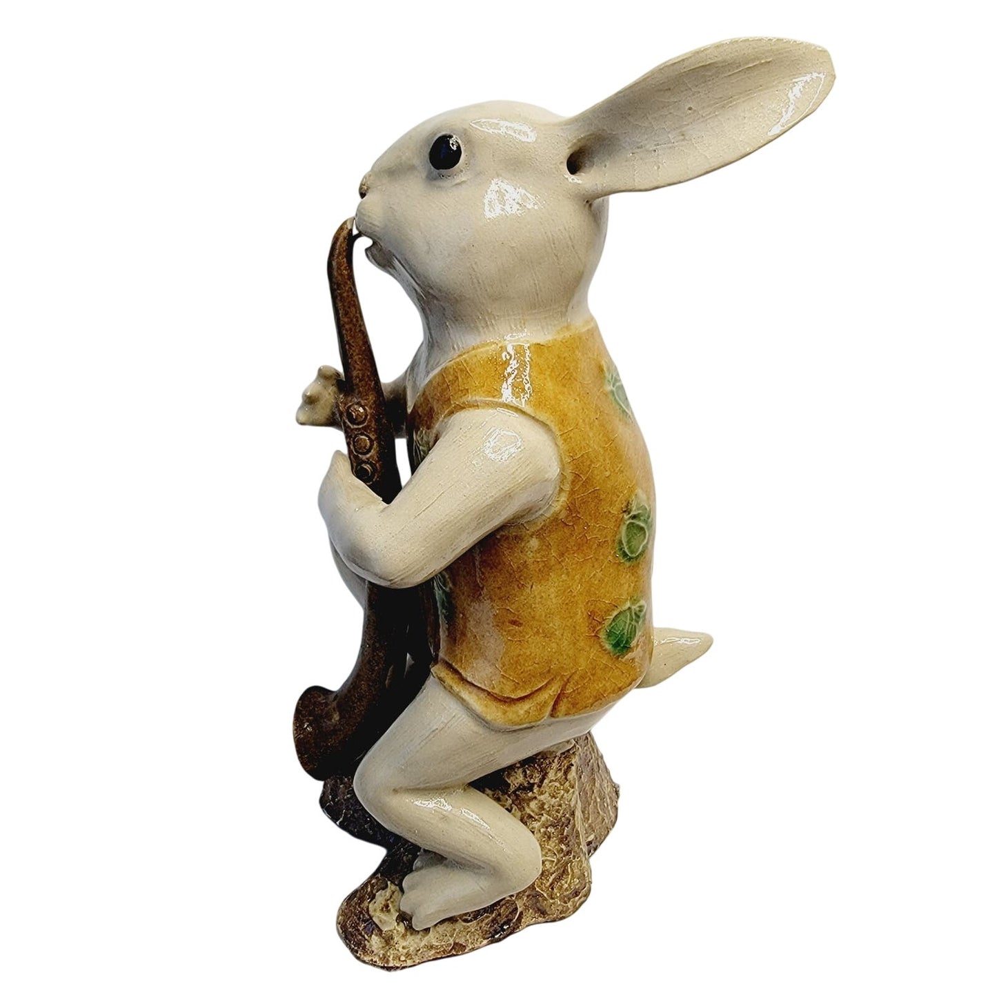 Vtg Signed Asian Rabbit Figurine Playing Long Horn Pottery Seal Mark MCM 8.5"