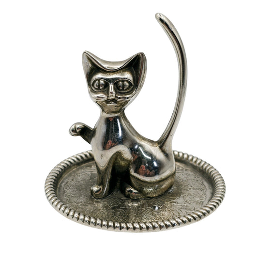 Vintage Silver Plated Cat Ring Holder with Ornate Trinket Underplate