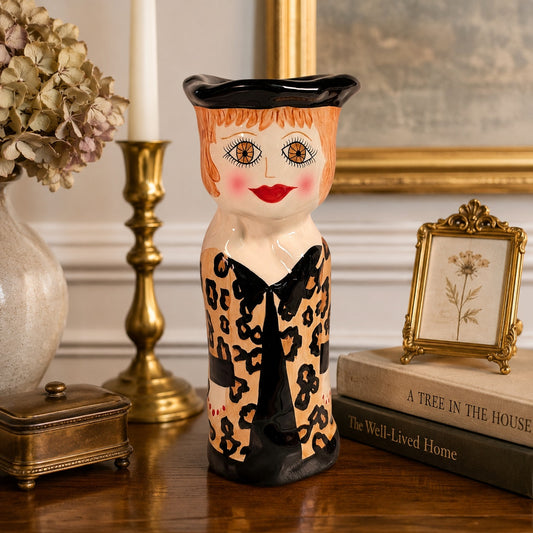 Vintage Bella Casa Ganz Francis Leopard Print Lady Head Vase Figurine 10 Inch