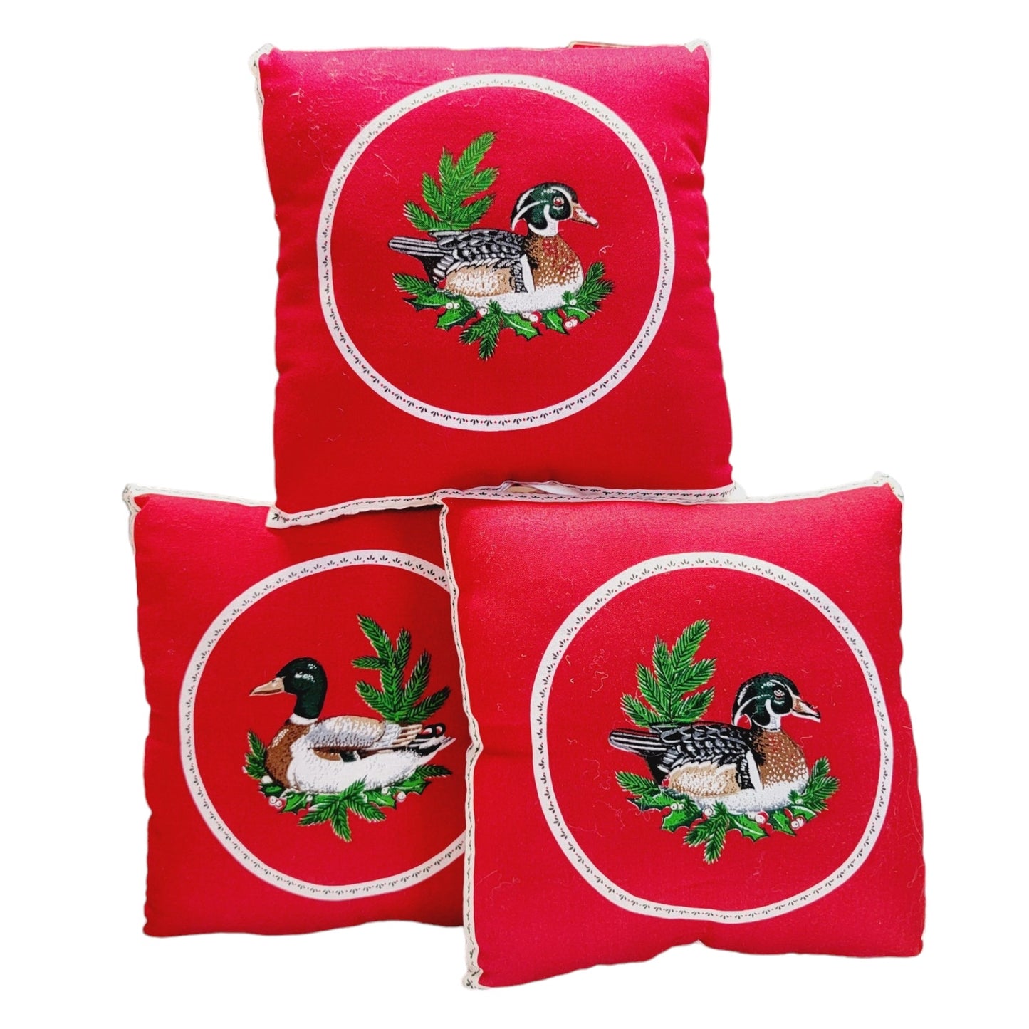 Set of 3 Double Sided Vintage Christmas Pillows, Ducks One Side, Squirrels on the Other