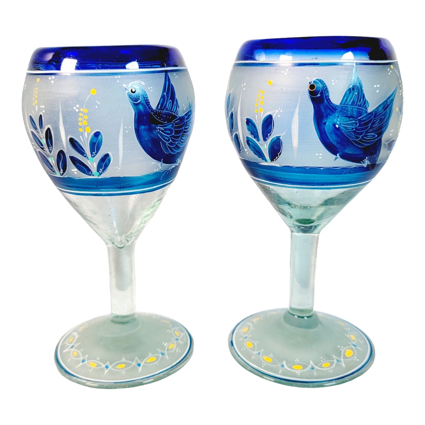 Set of 4 El Palomar Hand-Blown Hand-Painted Dove Bird Wine Glasses Cobalt Blue Rims