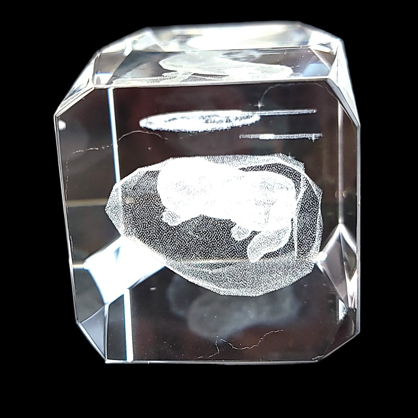 3D Laser Etched Wolf Howling at Moon Crystal Paperweight in Box 3 x 2 x 2" Original Box