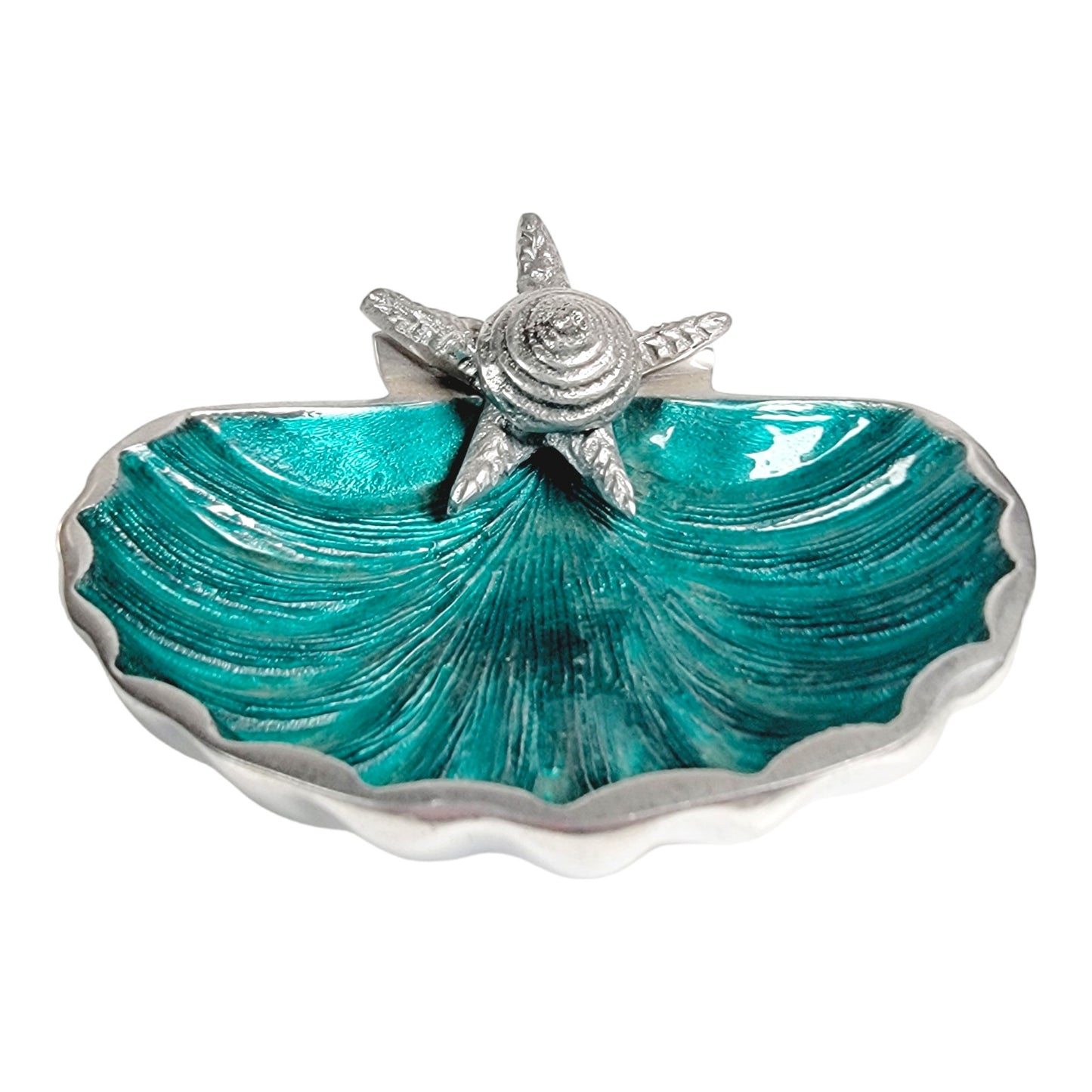 Teal Embelished Coquilles Scallop Shell Trinket Dish with Metal Starfish Shell