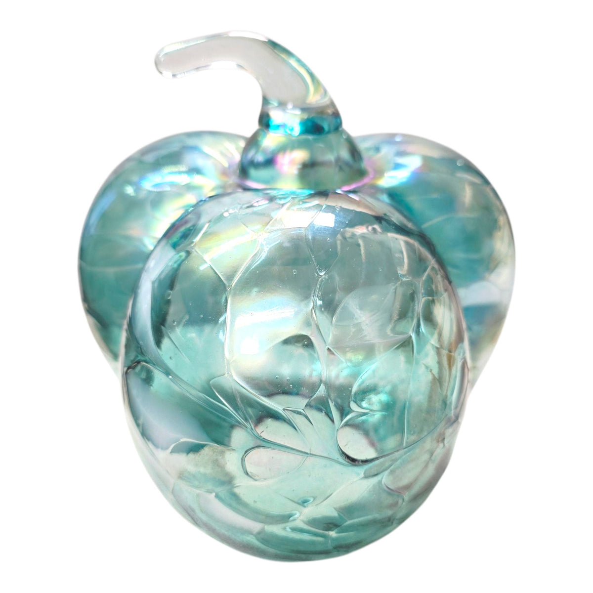 Iridescent Aqua Blue Art Glass Pumpkin White Swirl Sculptural Decor 8"