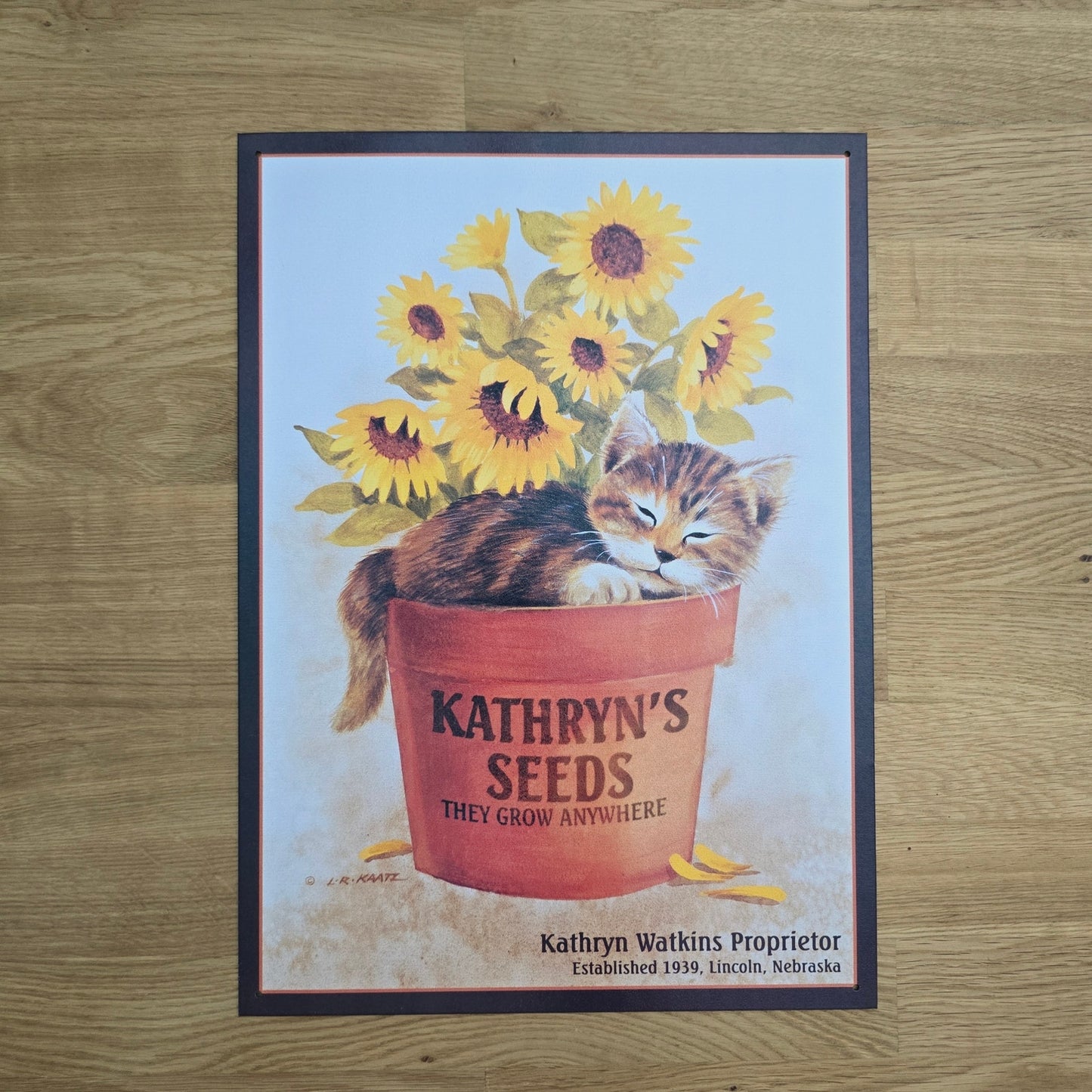 Vintage Kathryn's Seeds Kitten in Flower Pot Metal Sign Advertisement 1998 Lynn Kaatz