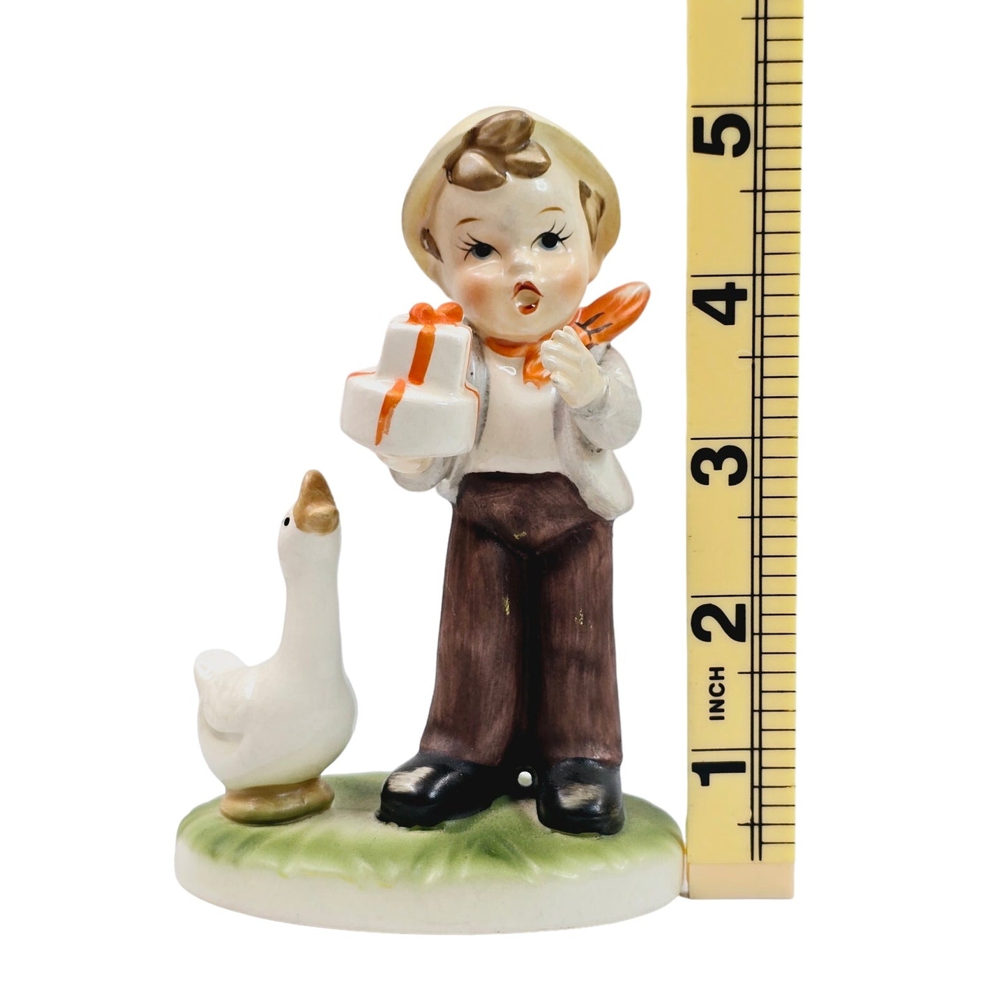 Vtg FLAMBRO Collectors Choice Series, Singing Boy with Present & Duck Figurine