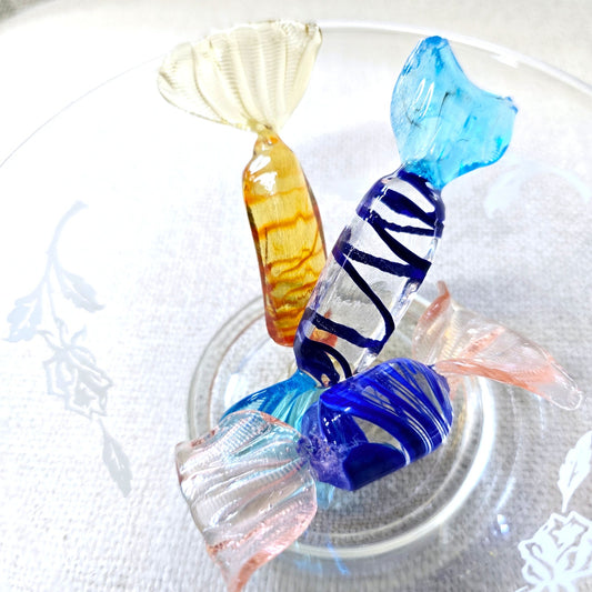 Glass Candy in Vintage Dish, 3 Handblown Art Glass Candies in Vintage Dish Glass C