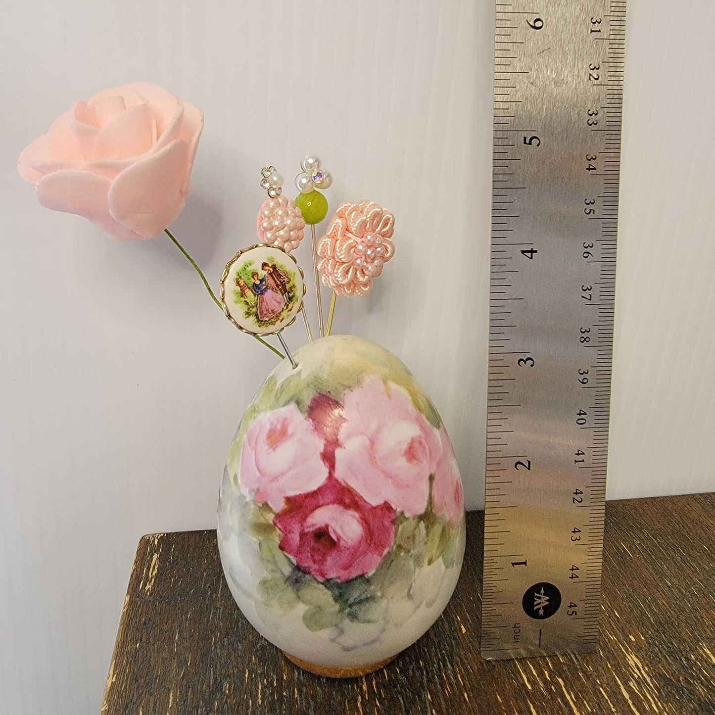 Antique 1922 Handpainted Signed Floral Egg Shaker Pin Holder Display with Handmade Stick Pins Antique Hatpin Holder, Antique Powder Shaker