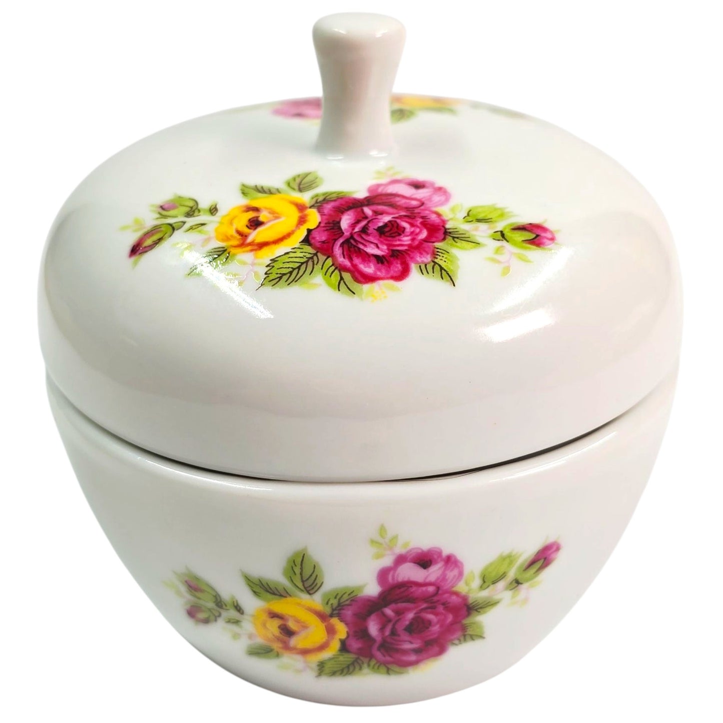 Vintage Porcelain Apple Trinket Box Jewelry Box Lidded Rose Floral Flowers