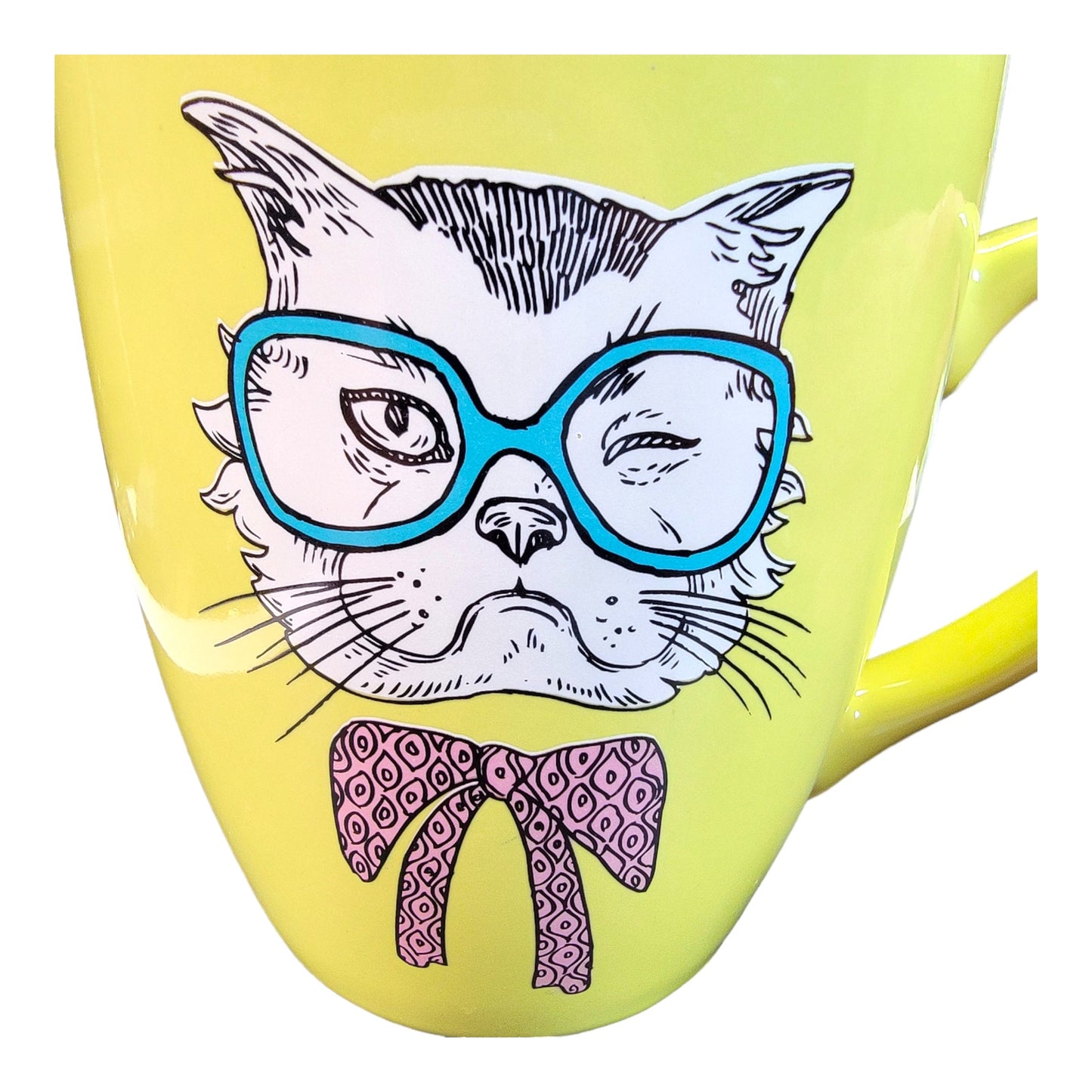 Clay Art "Cool Cat" Large Coffee Mug, Lime Yellow, Grumpy Cat in Glasses