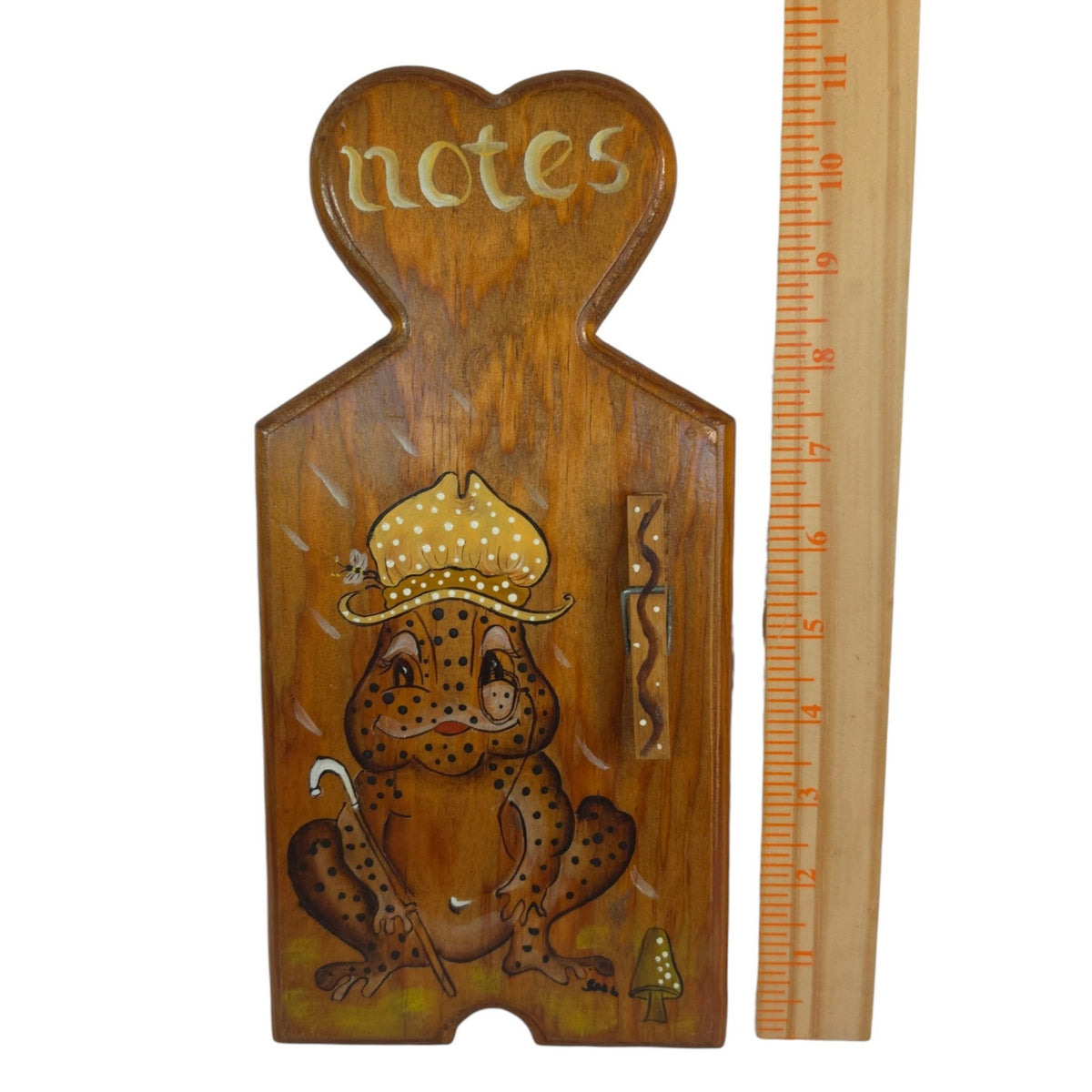 Vintage Wooden Frog Note Holder Wall Plaque Hand Painted Folk Art 11.25"