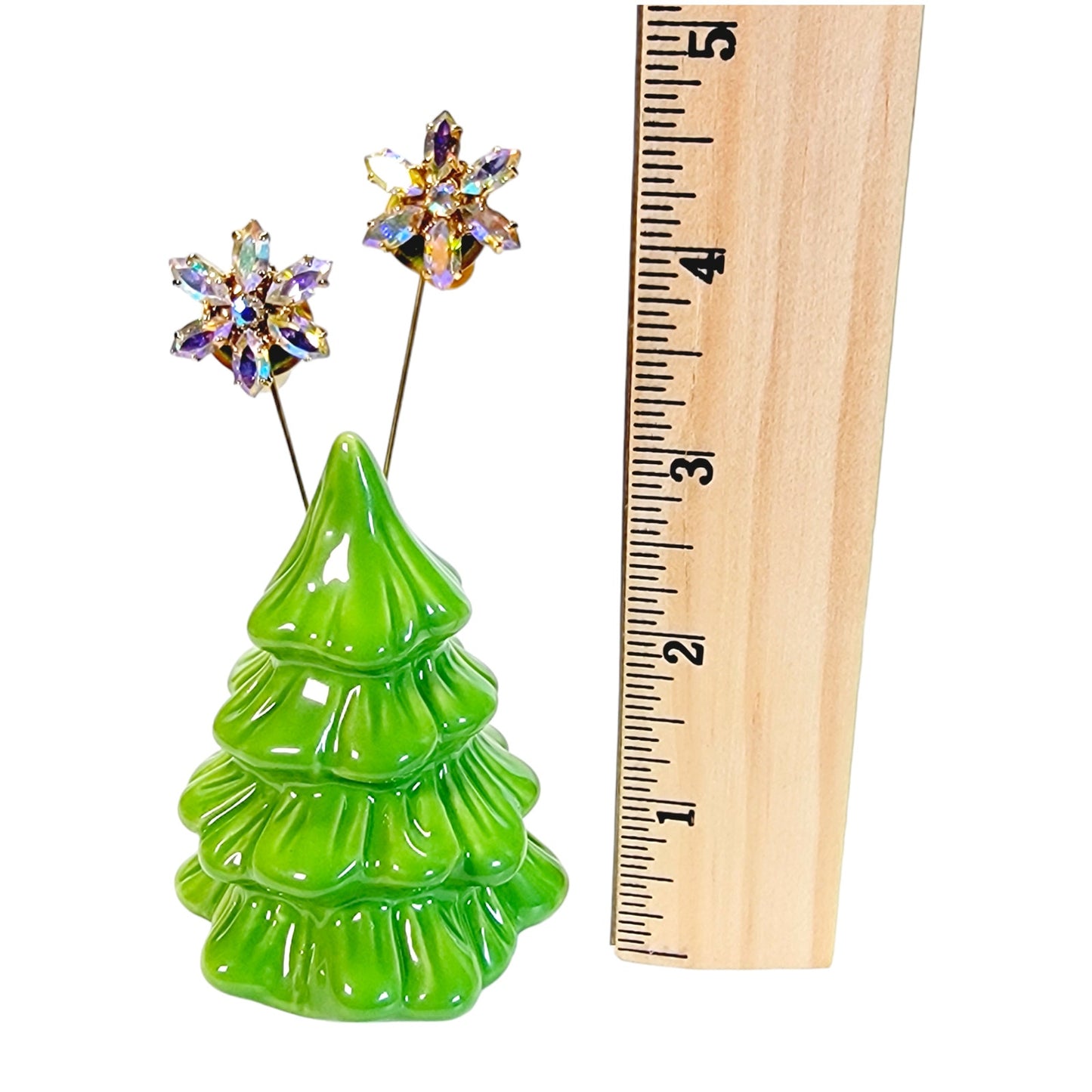 Christmas Tree Shaker Display with 2 Display Pins holding a Vintage Earring Set