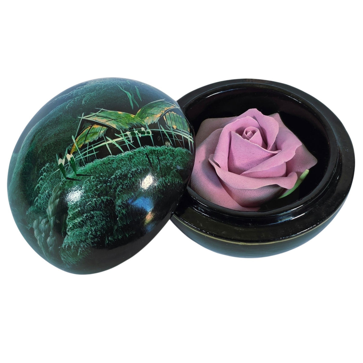 Vintage Japanese Lacquerware Round Trinket Box with Porcelain Rose