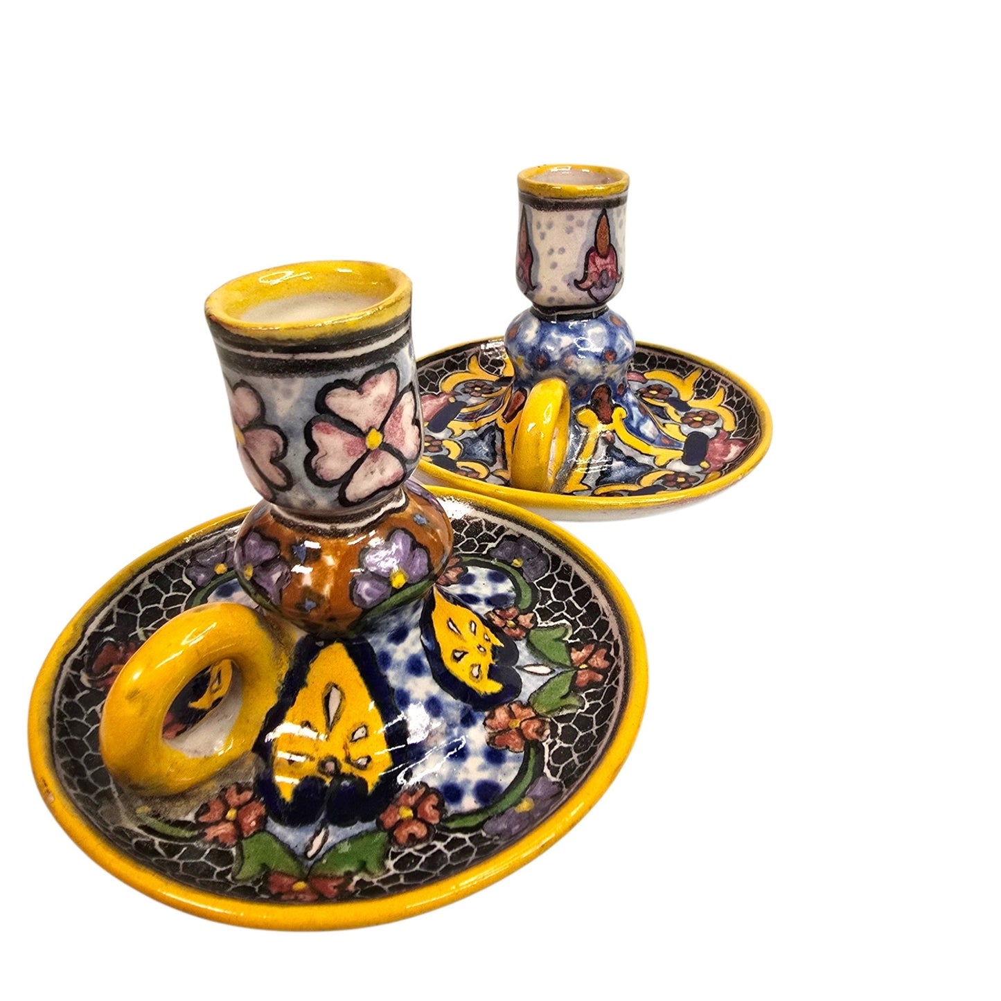 Vtg Casa Rugerio Puebla Mexico Talavera Candlesticks Pair Hand Painted Pottery