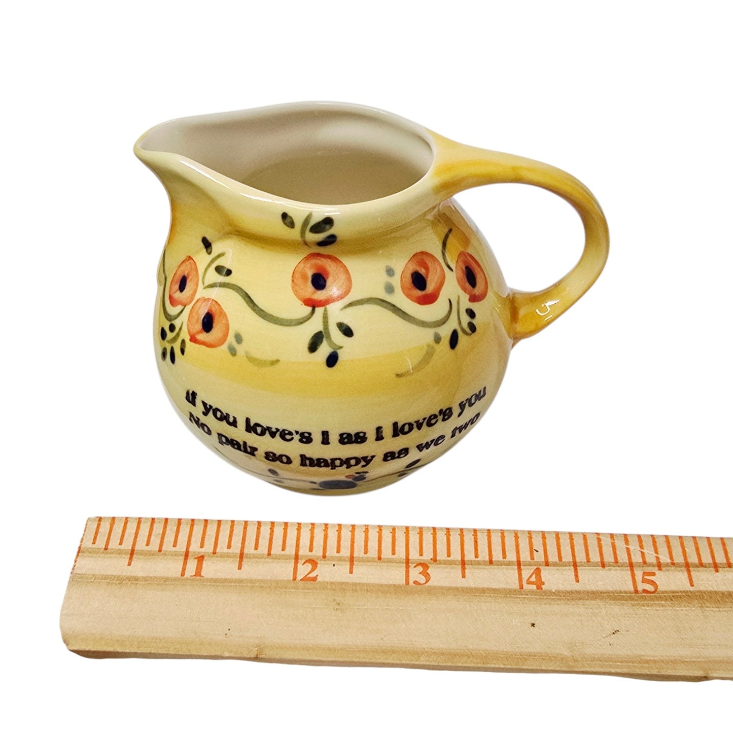 Vintage Yellow Pottery Pitcher Motto Ware Stenciled Quote Floral Small Creamer