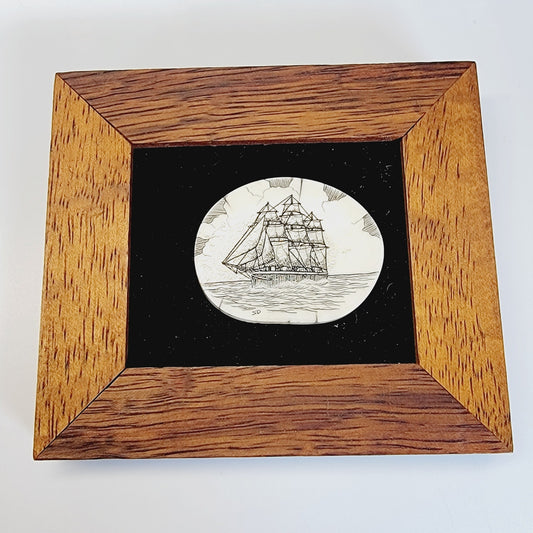 Vintage Framed Tall Ship Scrimshaw In Small Wood Frame, Nautical Decor