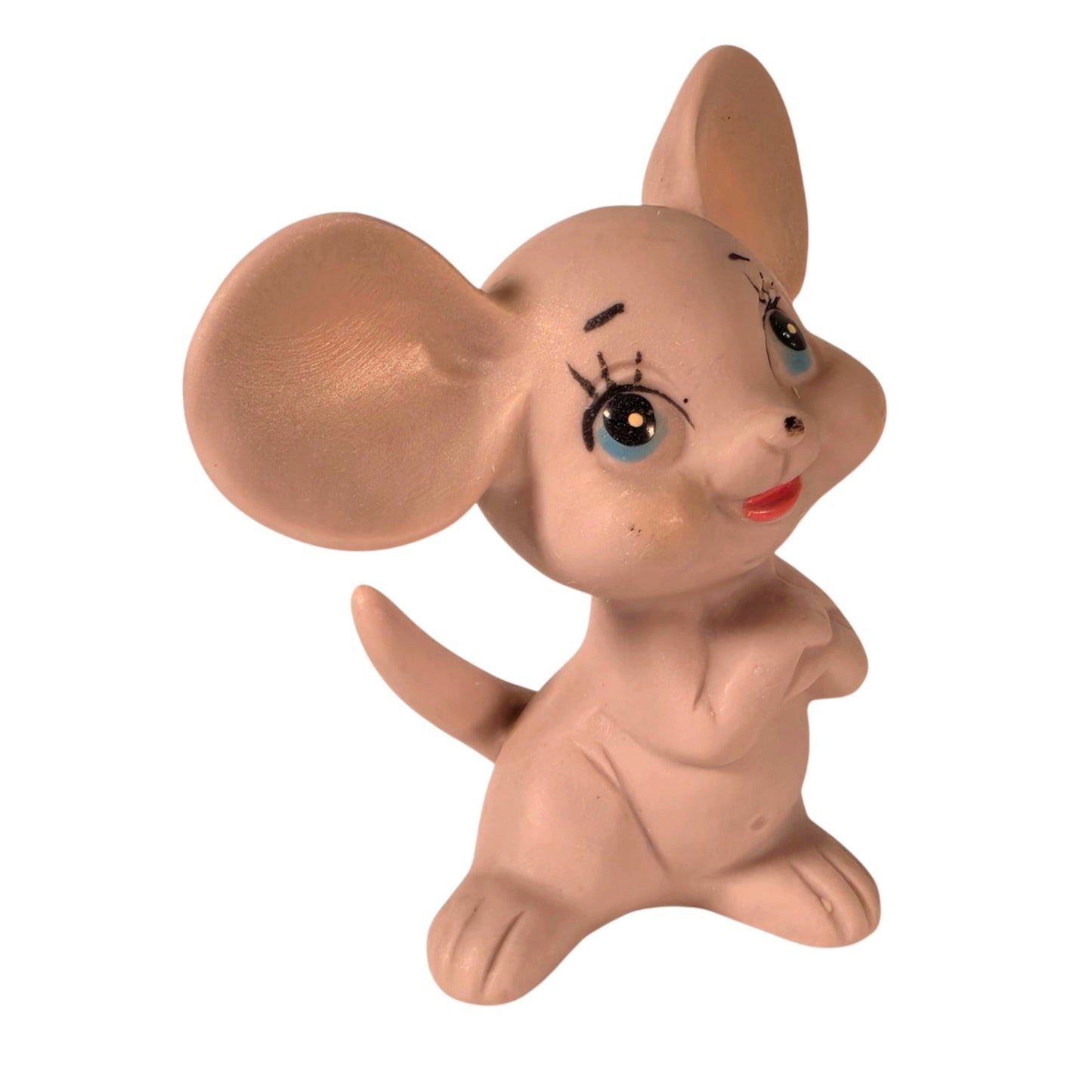 Vintage Kelvin Pink Mouse Figurine Mid Century Bisque Thinking Mouse Kitsch Cute