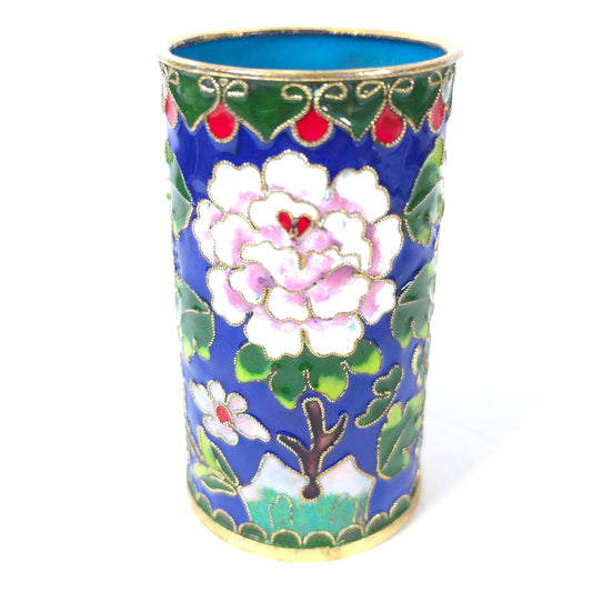 Cloisonne Enamel Pencil Brush Holder Blue Floral Butterfly Tumbler 4.25"