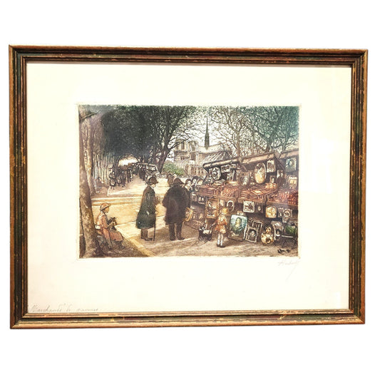 Signed Huberly Paris Scene HandColored Etching Marchands de gravures Notre Dame