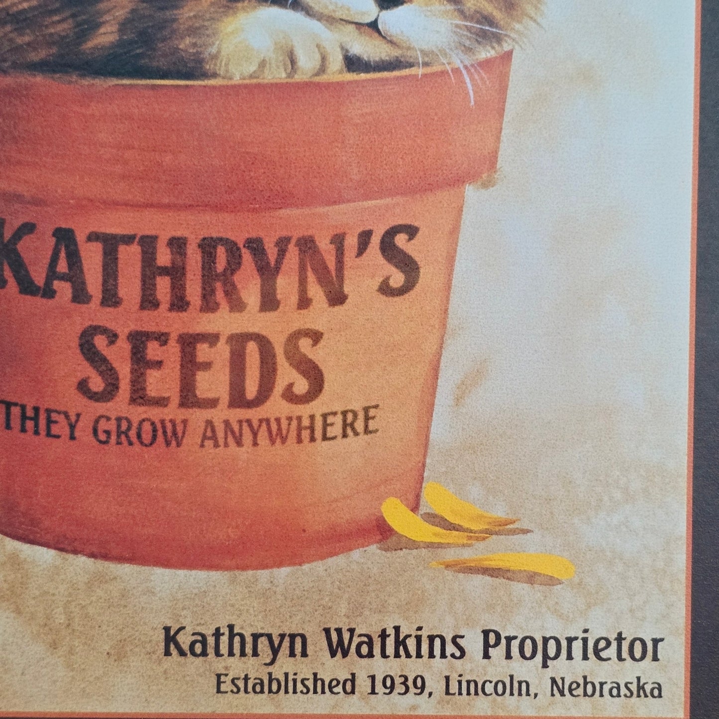 Vintage Kathryn's Seeds Kitten in Flower Pot Metal Sign Advertisement 1998 Lynn Kaatz