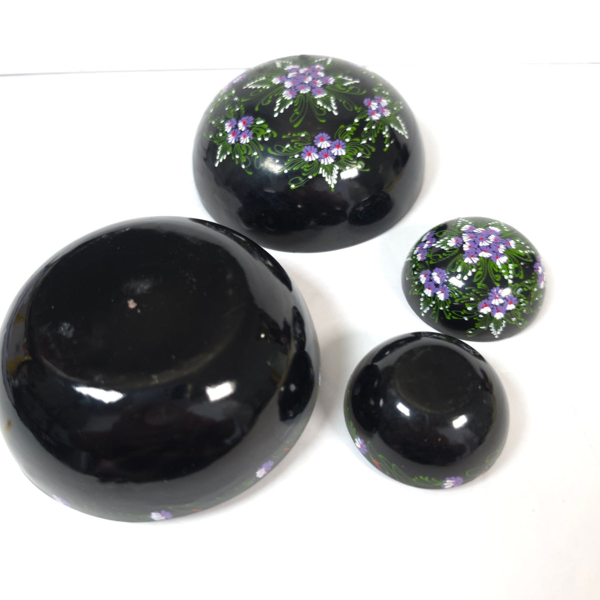 Hand Painted Black Floral Nesting Trinket Boxes Set of 2 Purple Flowers