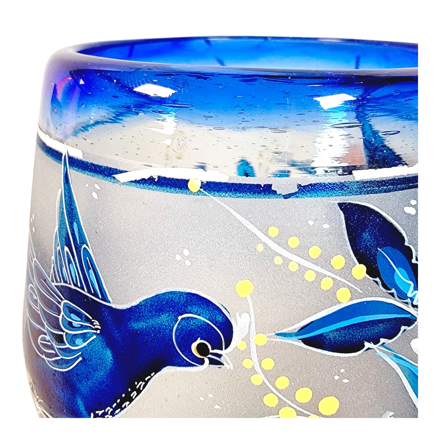 Set of 4 El Palomar Hand-Blown Hand-Painted Dove Bird Wine Glasses Cobalt Blue Rims