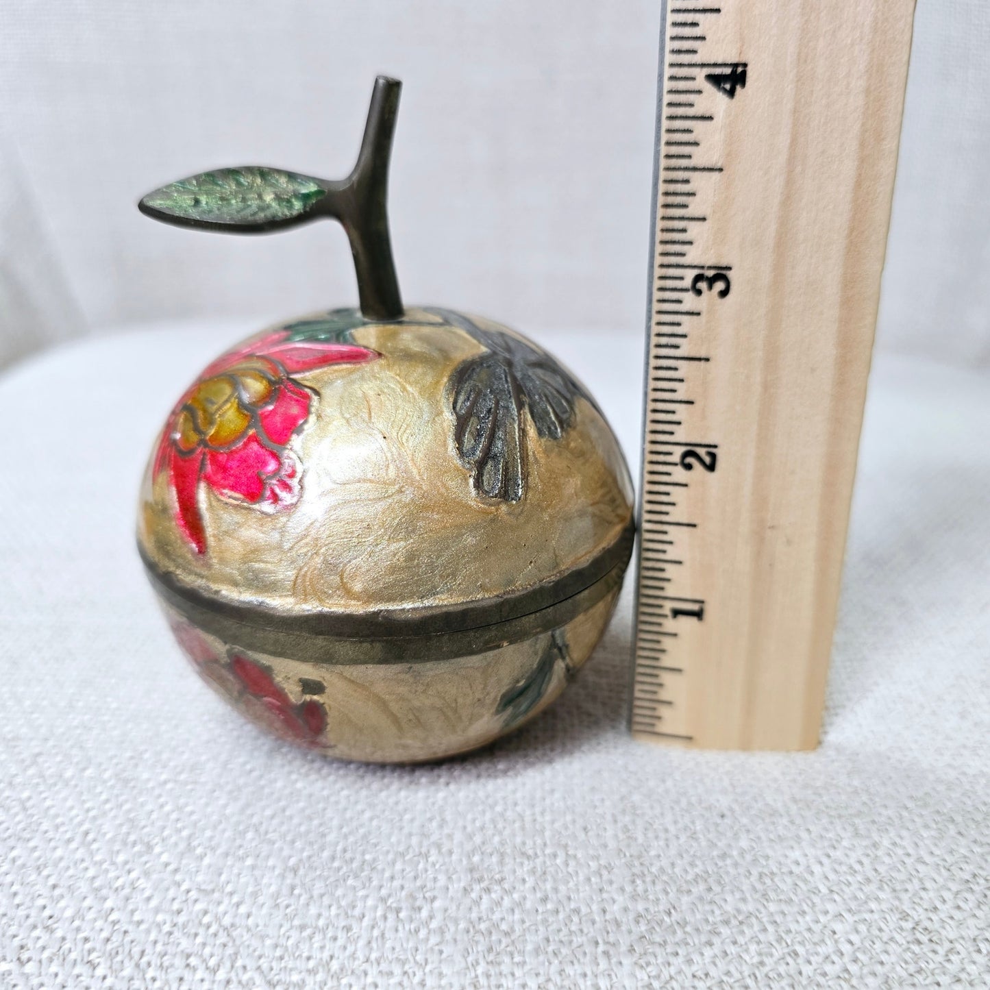Vintage Cloisonne Enamel Brass Apple Trinket Box With Lid Floral Fruit Farmhouse