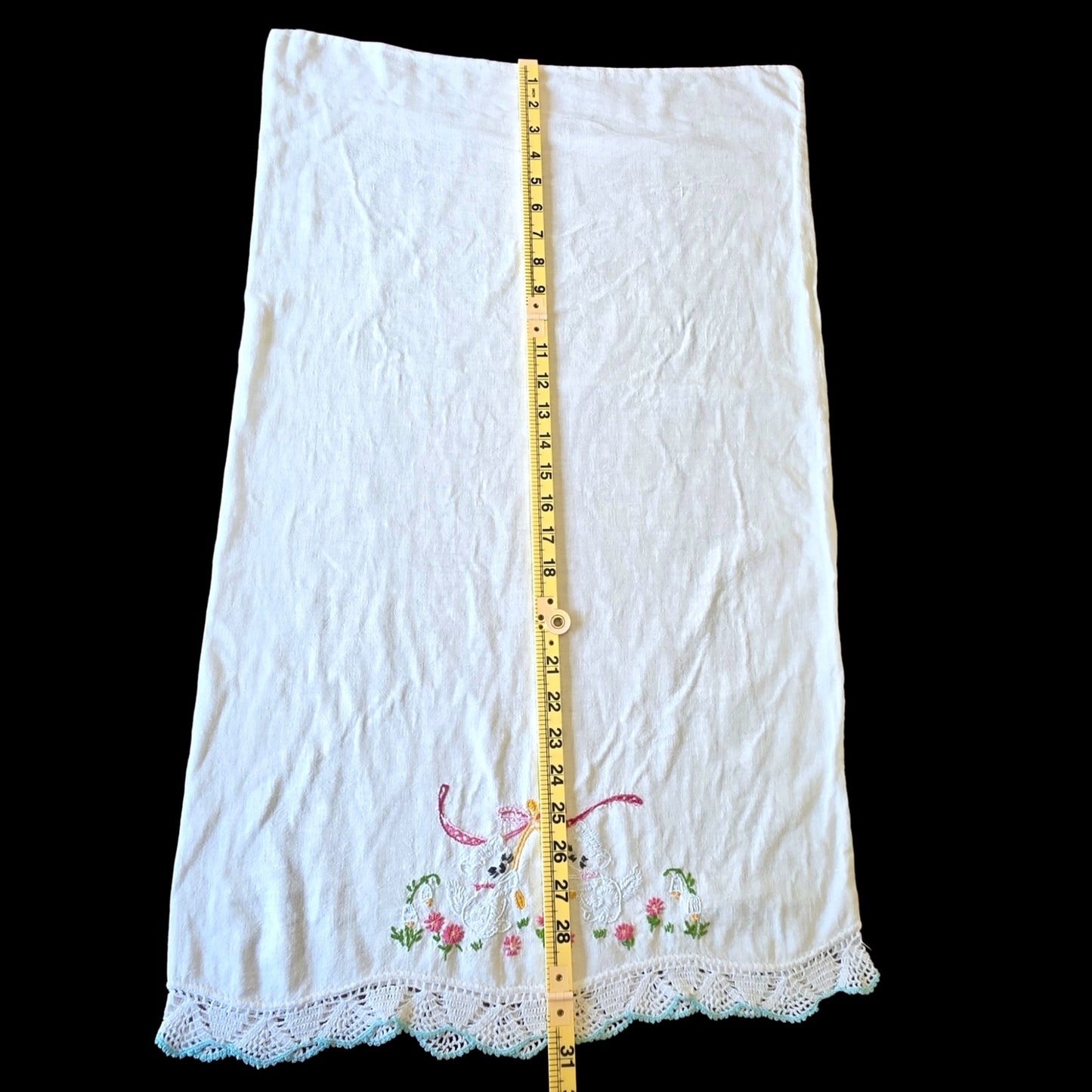 Vintage Embroidered Pillowcase Cats Wishbone Blue Lace Trim Pink Bow
