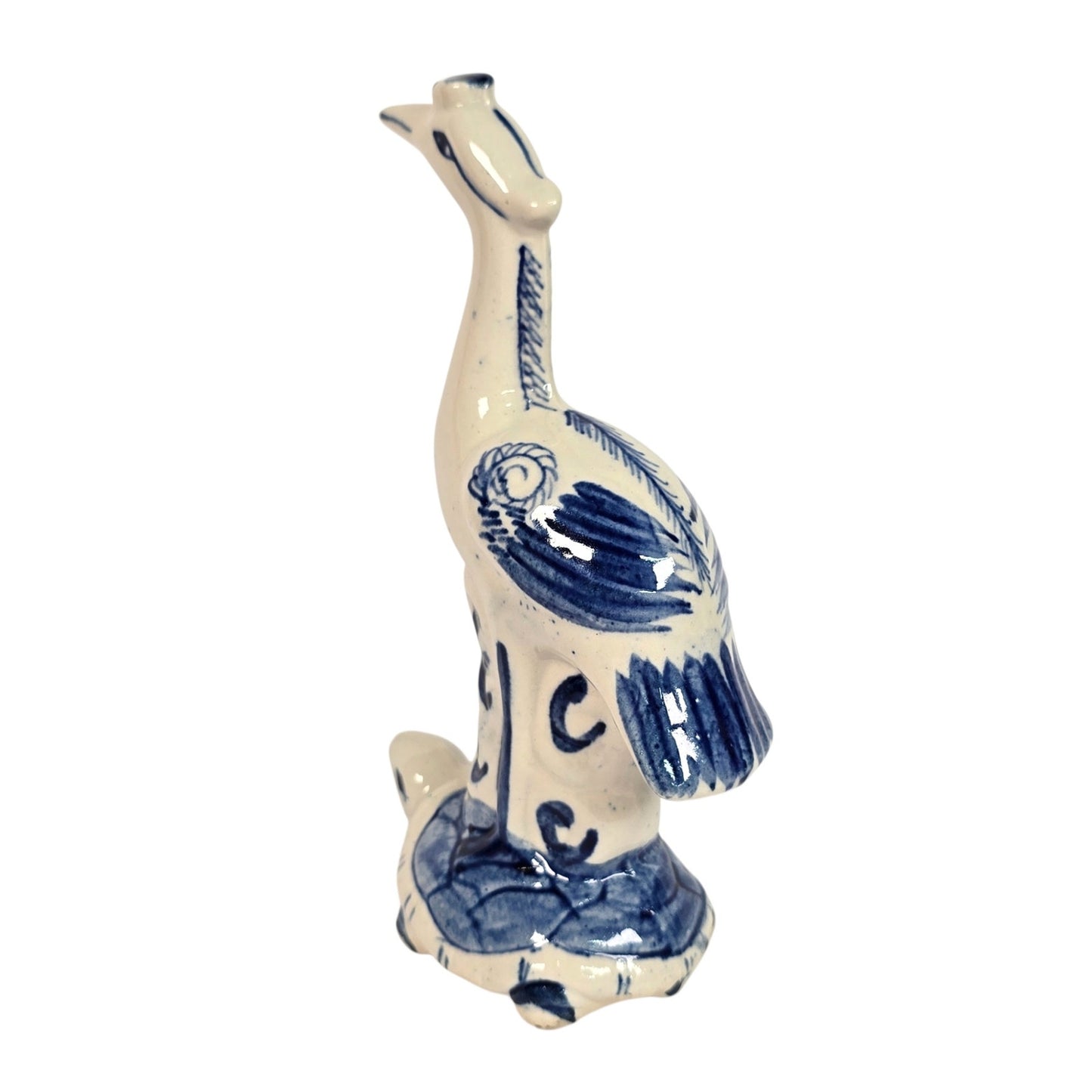 Vintage Blue & White Ceramic Crane on Turtle Figurine Asian Longevity Motif