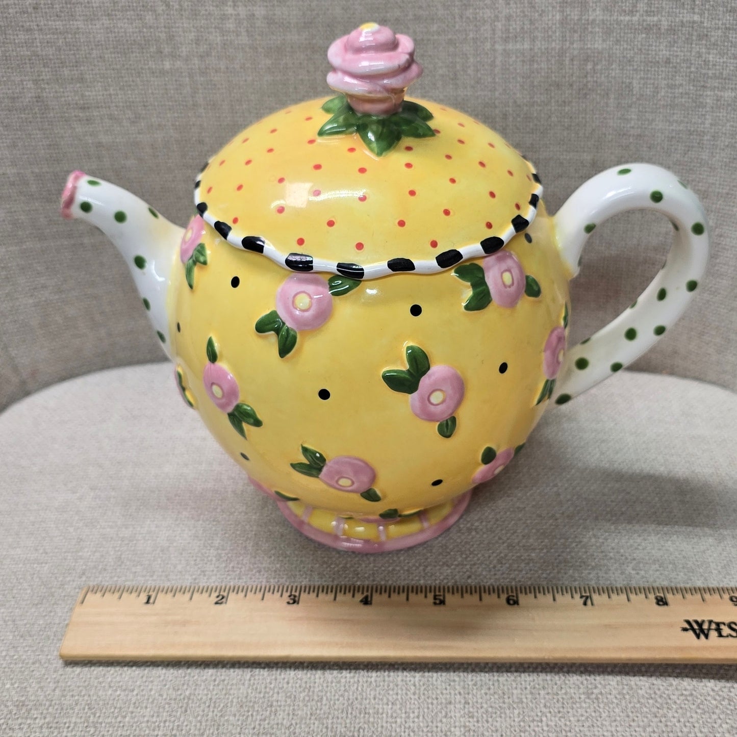 AS IS VTG 1997 ME Mary Engelbreit Ceramic Teapot, Yellow Pink Flower 8”, Flaw