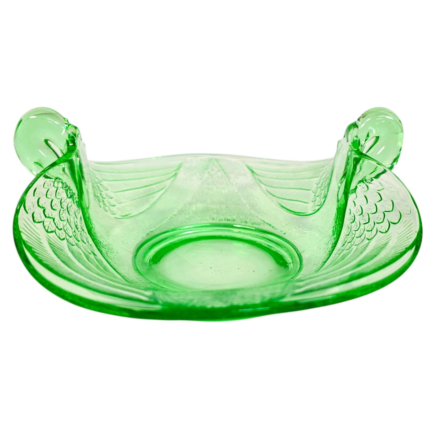 Fenton Dugan Uranium Glass Seagull Dish Swan Double Handle Green Glow Vintage