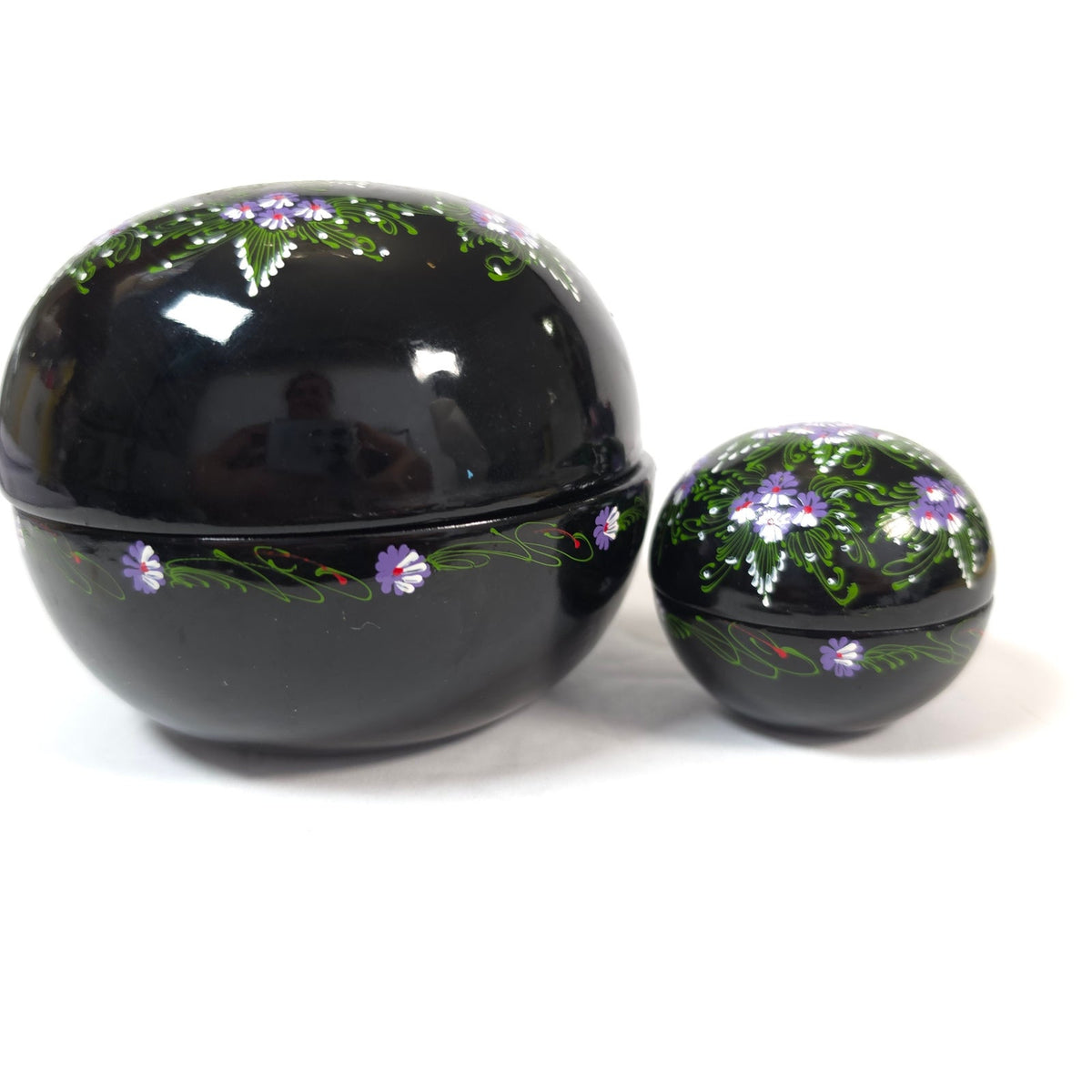 Hand Painted Black Floral Nesting Trinket Boxes Set of 2 Purple Flowers