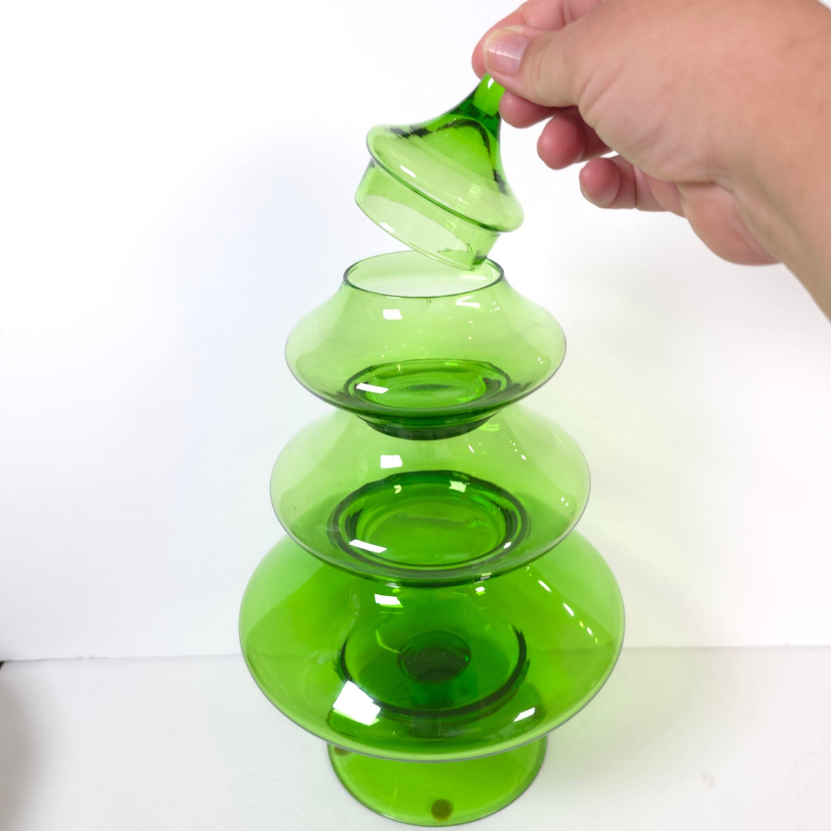 Vtg MCM Empoli Green Glass Christmas Tree Stacking Candy Apothecary Jar 4 Piece