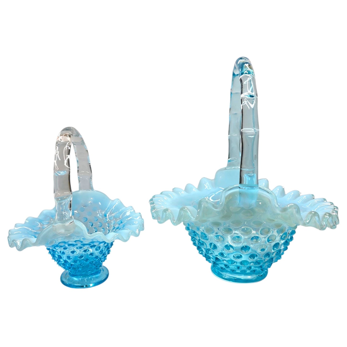 Fenton Blue Opalescent Hobnail Basket Set Uranium Reactive Ruffled Glass Pair