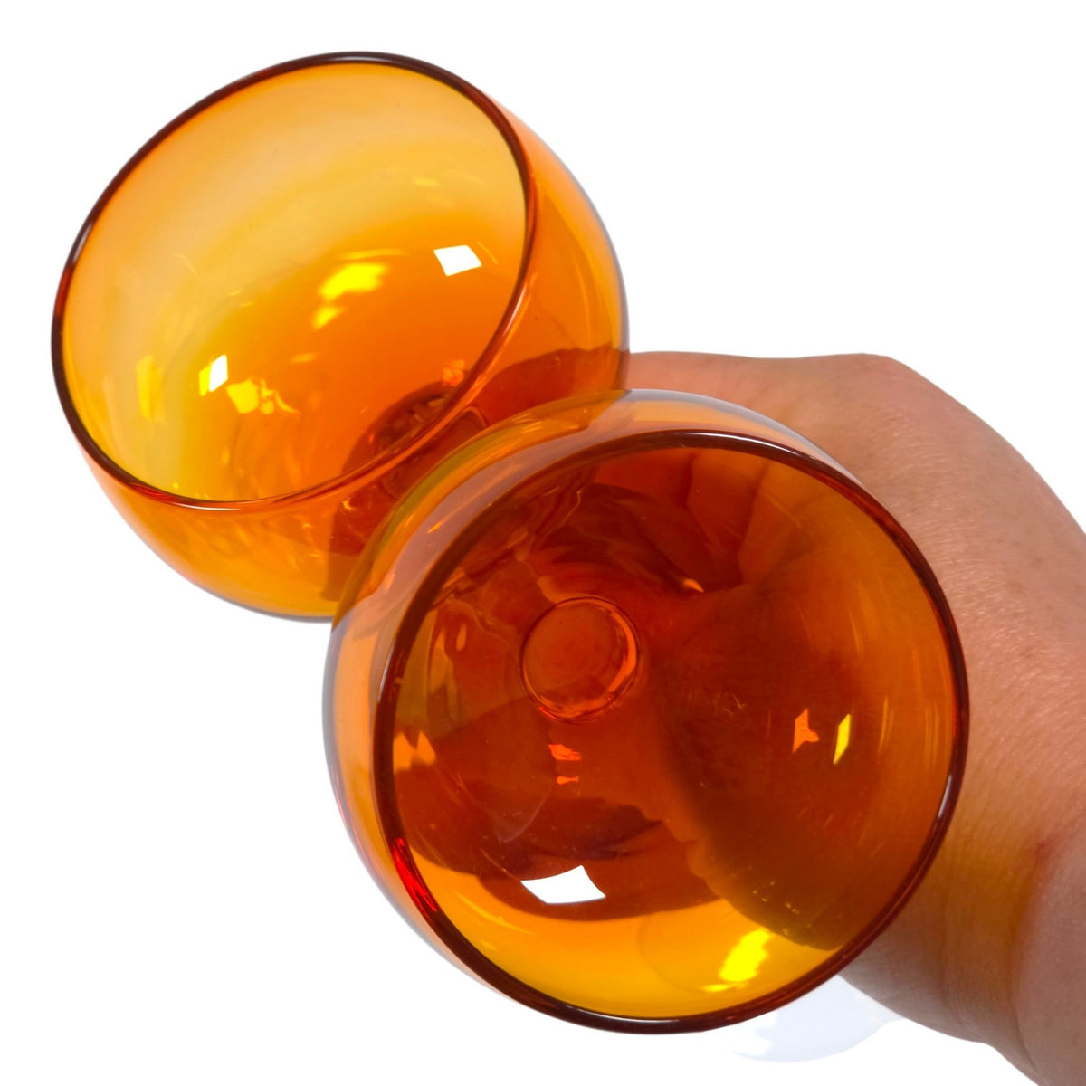 Vtg Roscher & Co. Amber Orange Long Stem Cocktail Glasses Set of 2 UV React 8.5"