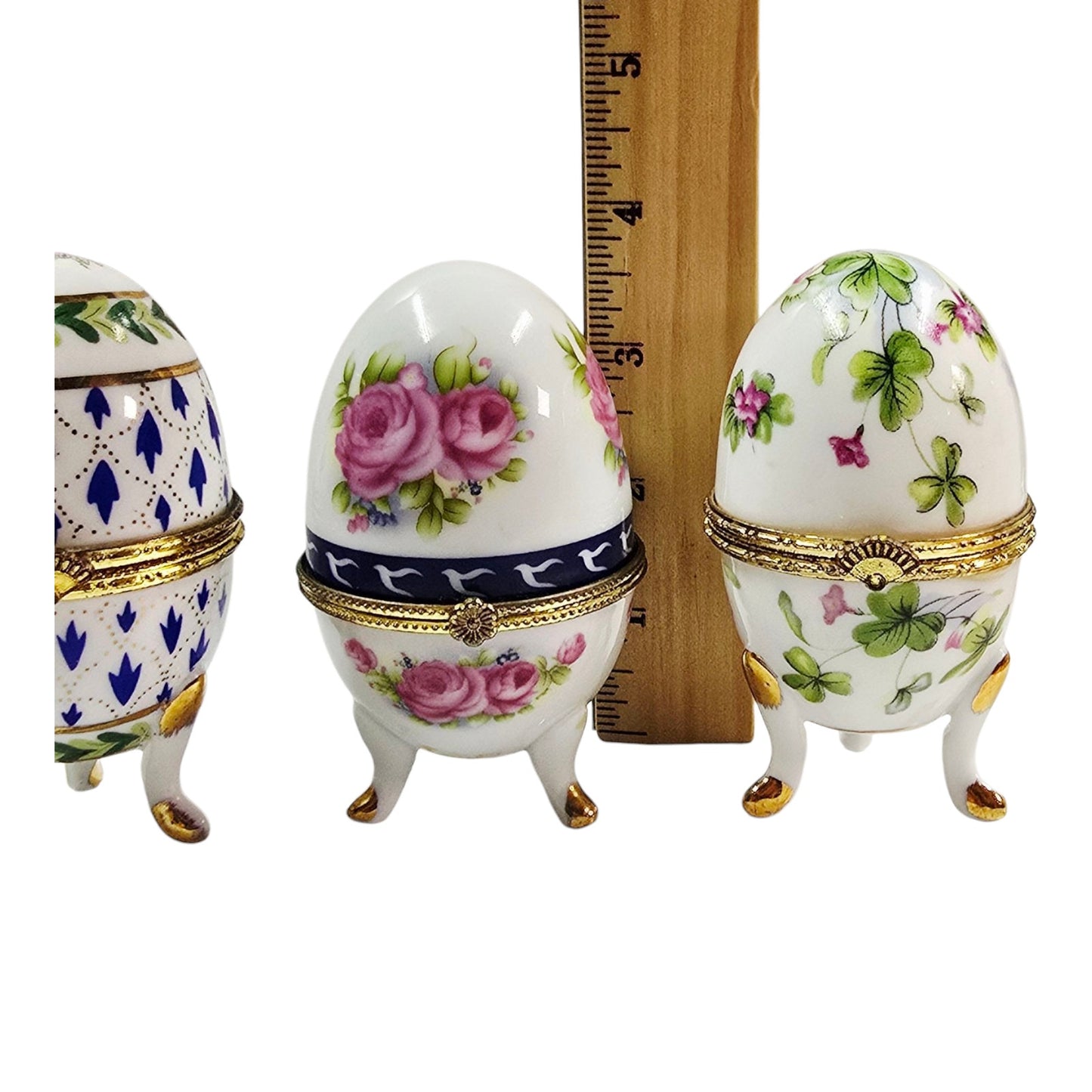 Set of 3 Vintage Porcelain Footed Egg Trinket Boxes Hinged Floral Tripod Base