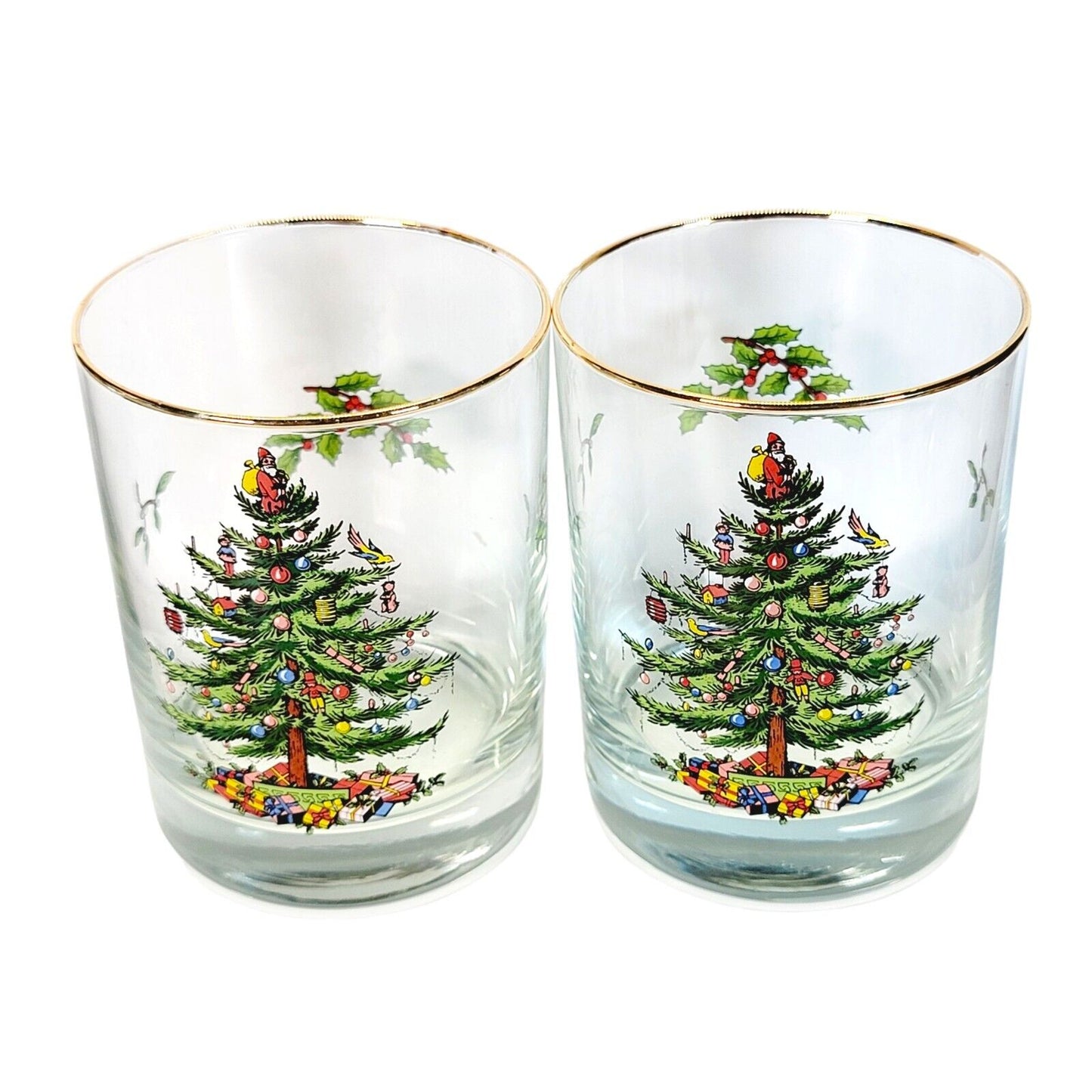 Set of 2 Spode Christmas Tree Double Old Fashioned Gold Rimmed Glasses 4"