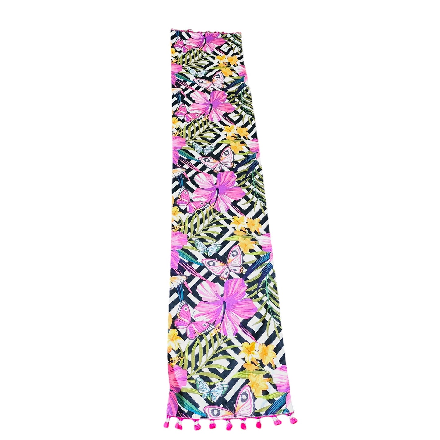 Floral and Butterfly Table Runner with Black & White Geometric Background Pattern, 100% Cotton