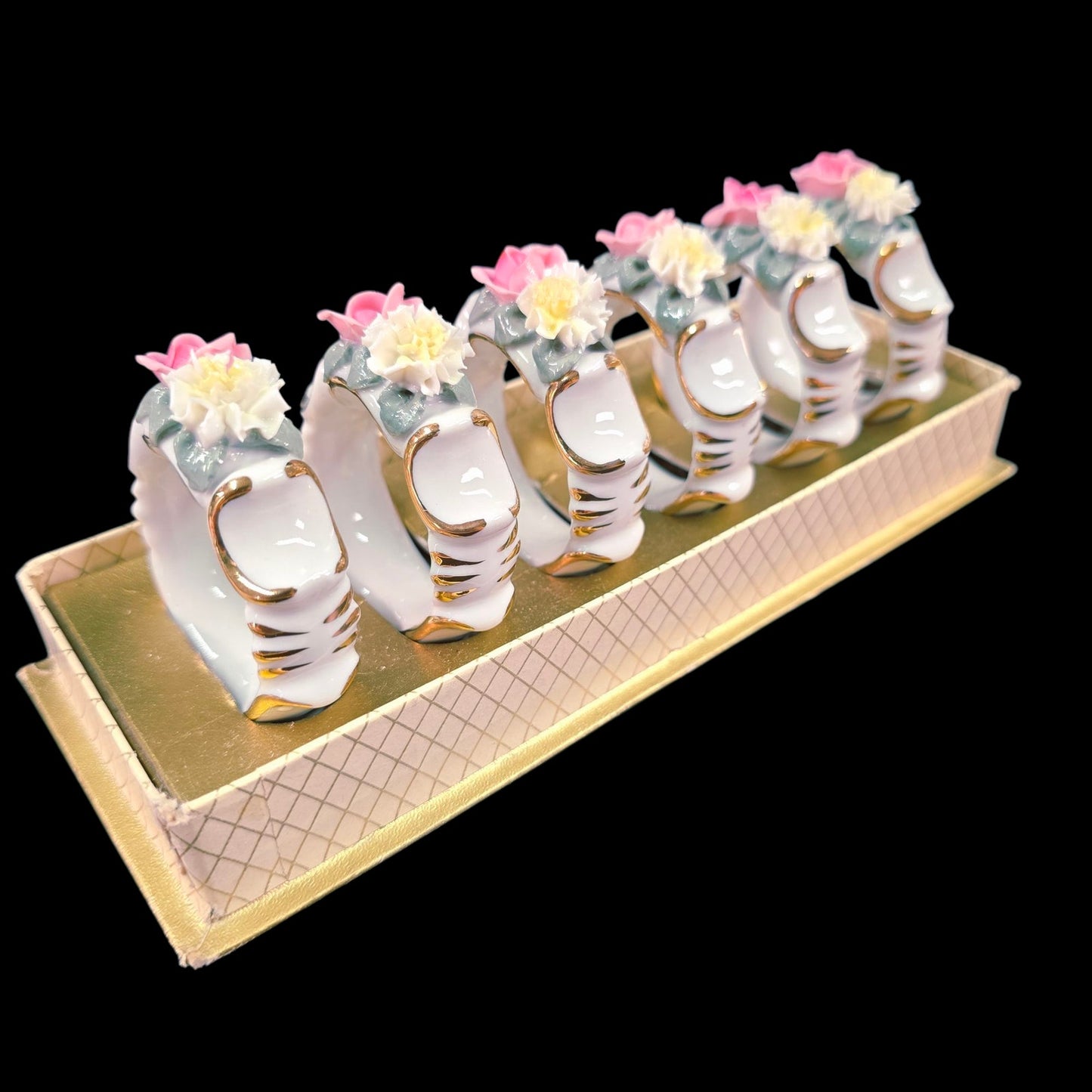 Vintage Set Of Six Dresden Pink Rose Porcelain Napkin Rings