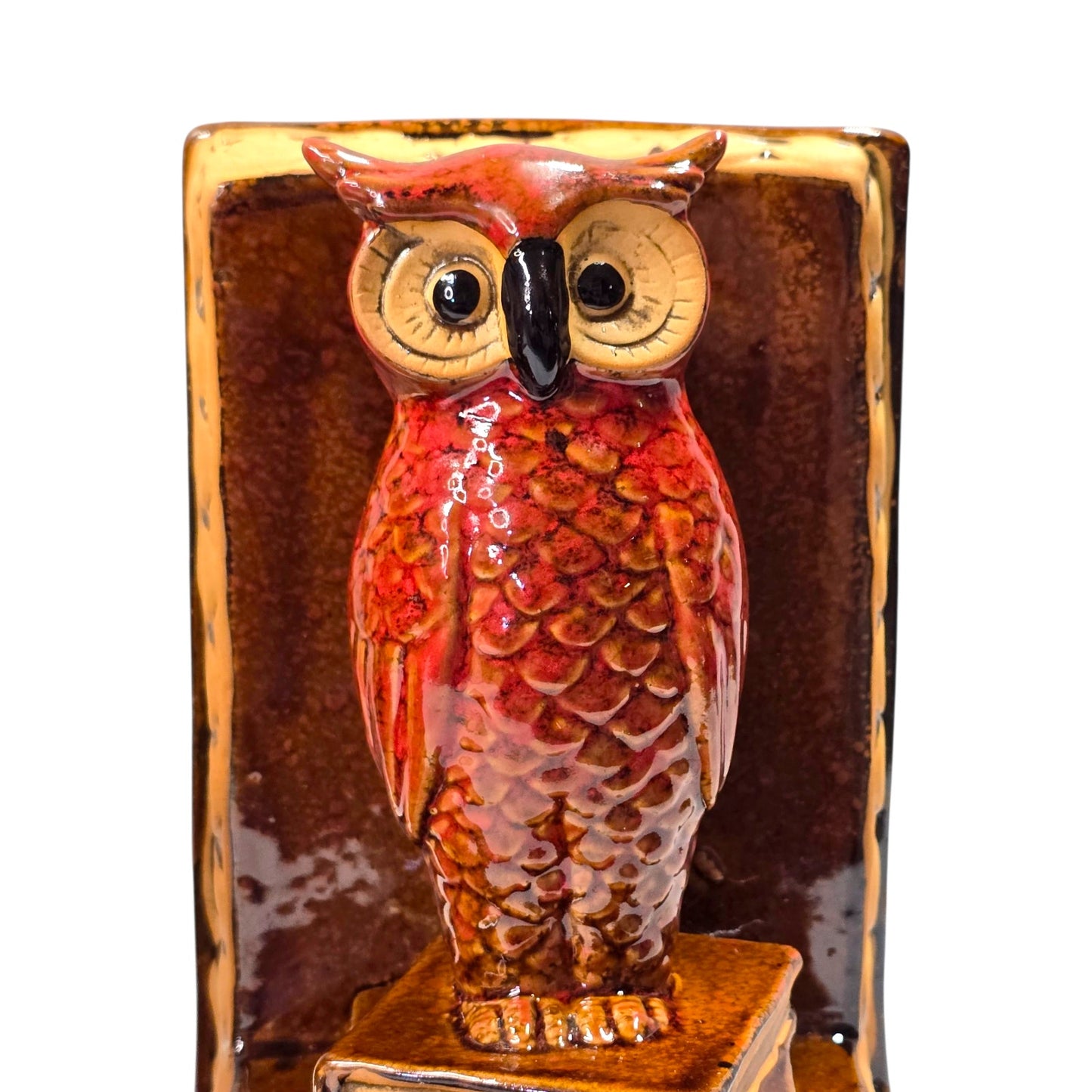 Vtg Ceramic Owl Bookends Great Horned Owl Red Glaze Owls on Books Retro Fall MCM