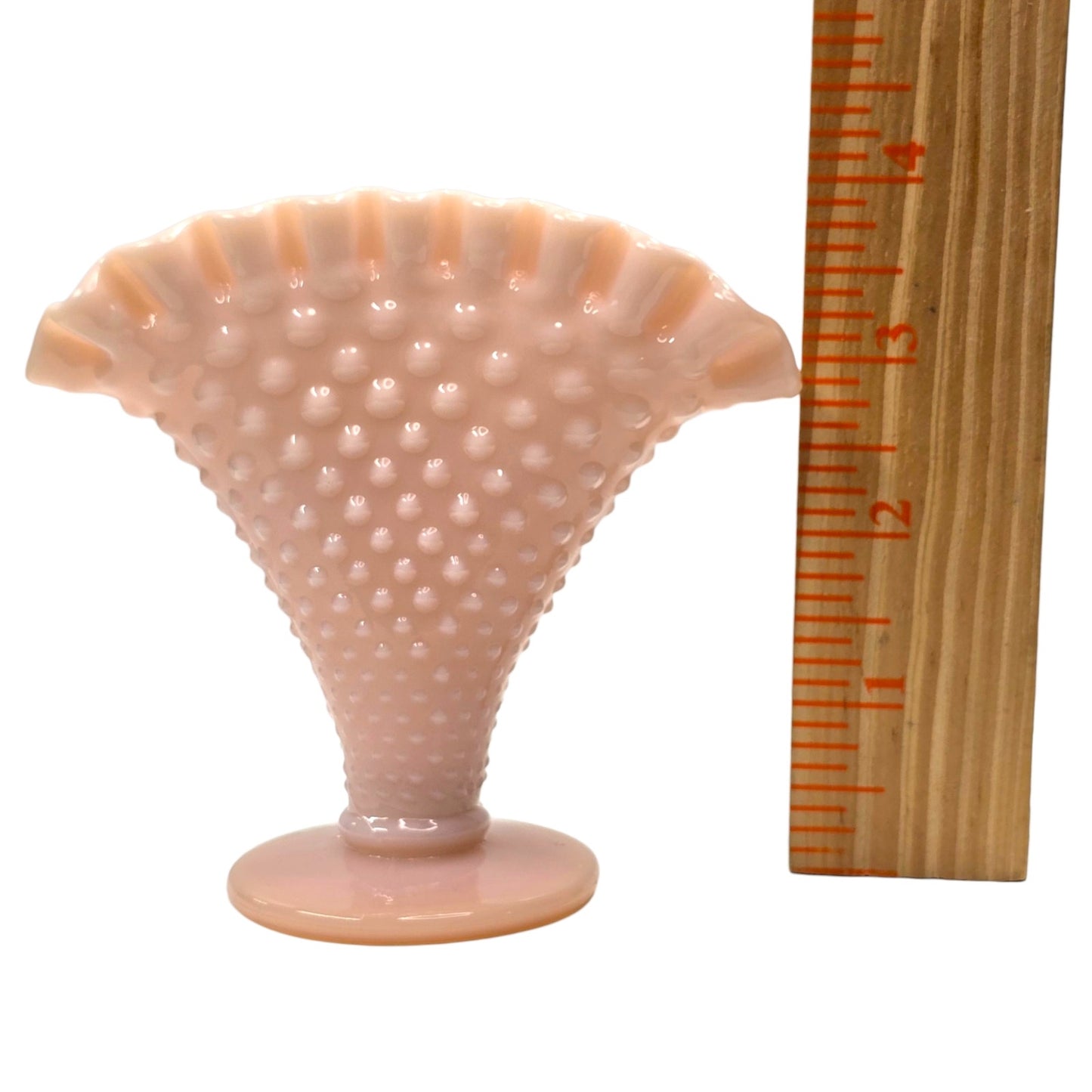 Vtg Fenton Pastel Pink Milk Glass Hobnail Fan Vase 4" Trumpet Uranium Reactived