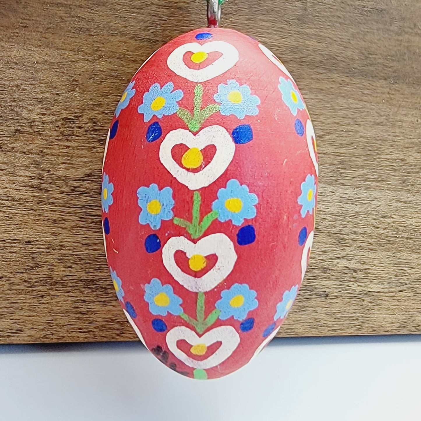 Vintage Wooden Hand Painted Easter Egg Ornament Flowers and Hearts Design Red