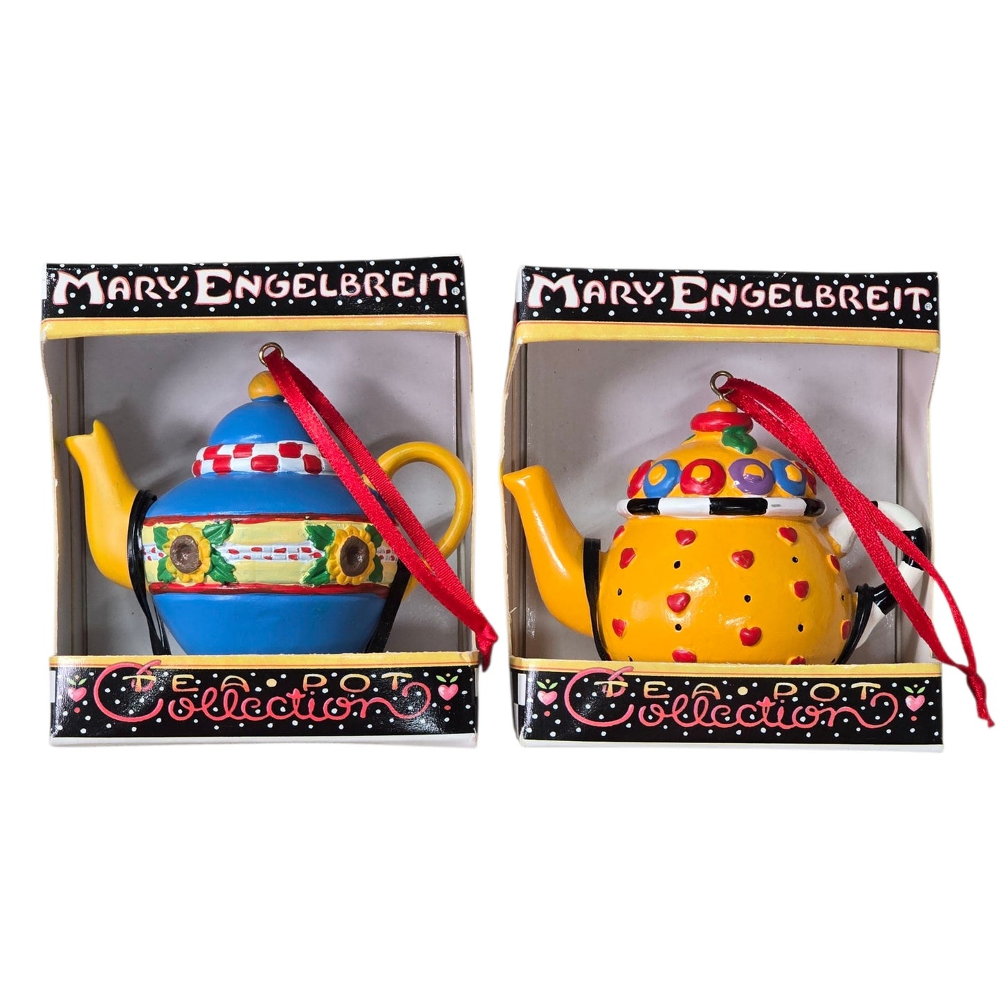 Set of 2 ME Mary Englebreit Mini Teapot Ornaments New in Box Blue Sunflowers Yellow Hearts
