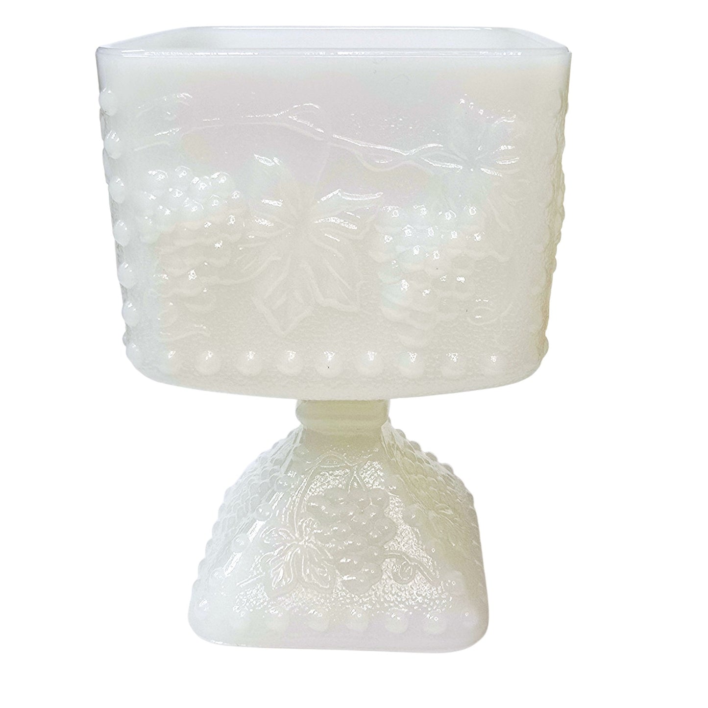 Vtg Anchor Hocking Milk Glass Pedestal Compote Grape Harvest Footed Candy Dish
