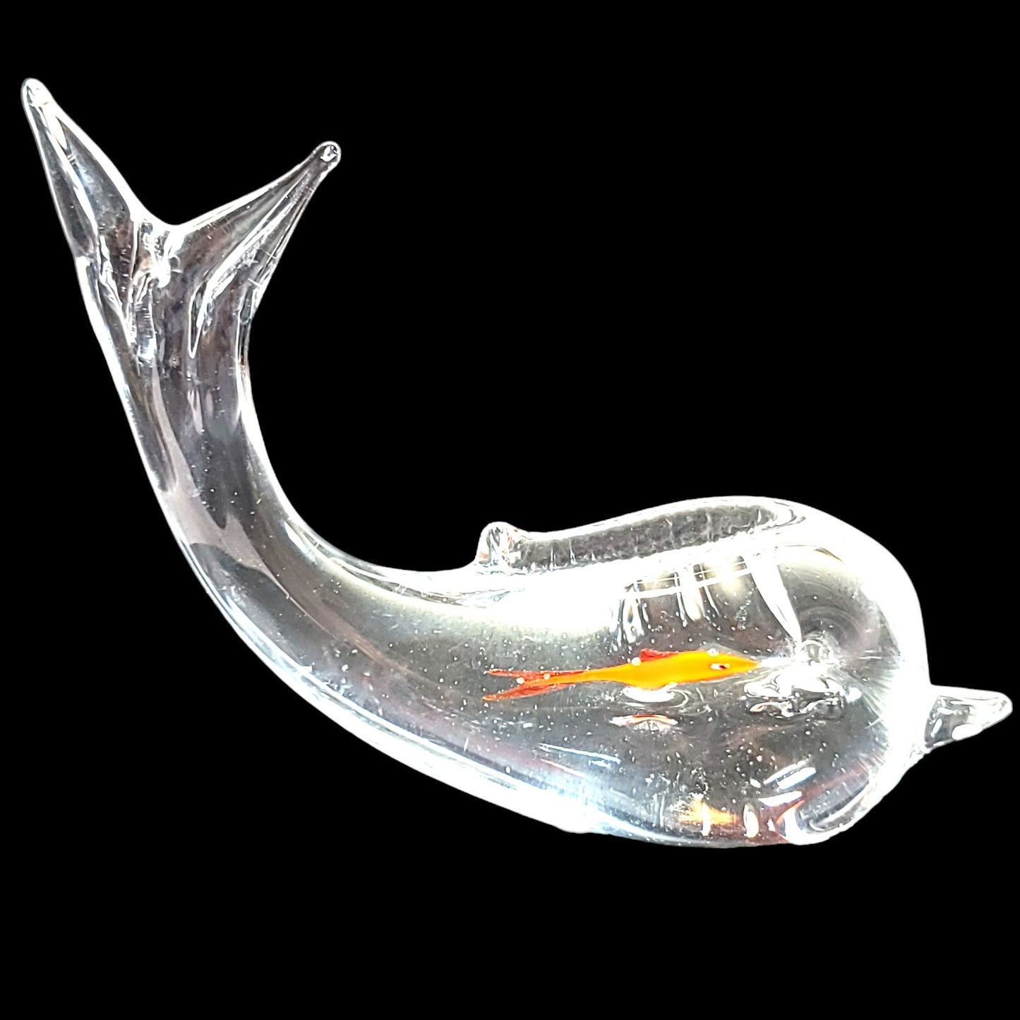 Handblown Clear Art Glass Dolphin with Orange Goldfish Inside